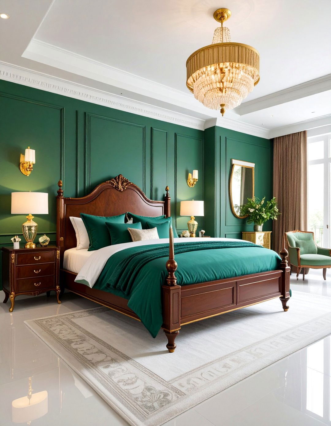 Emerald Green Bedroom with Rich Mahogany Furniture - 25 Green and Brown Bedroom Ideas