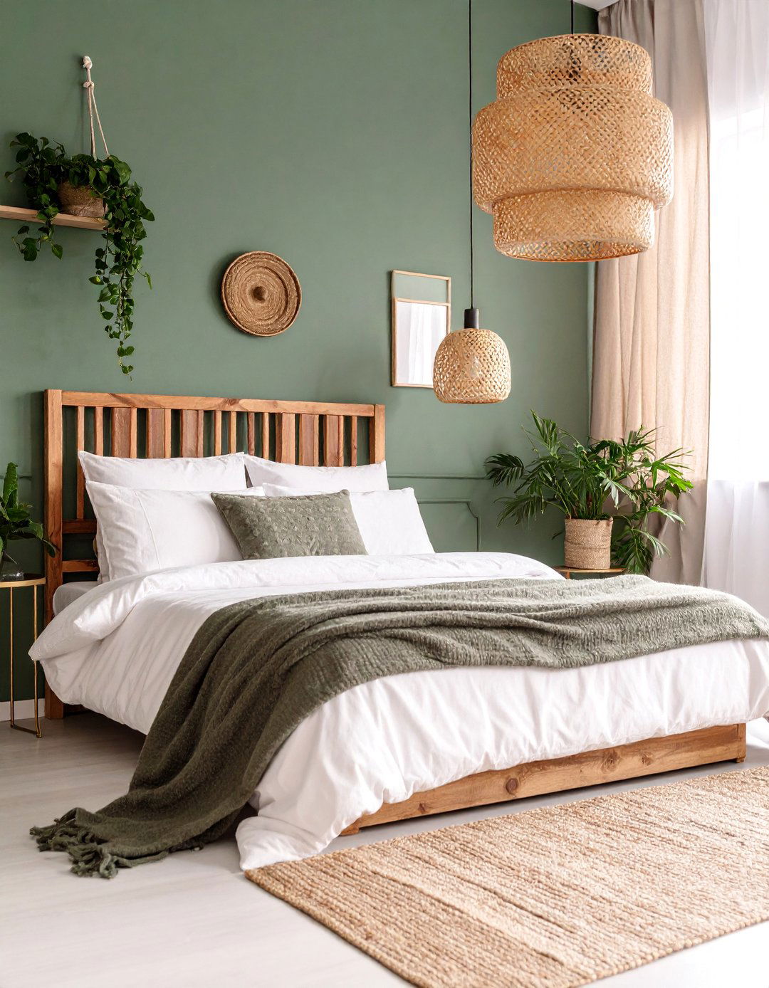 Emerald Green Botanical Bedroom with Natural Wood - 25 Colorful Boho Bedroom Ideas