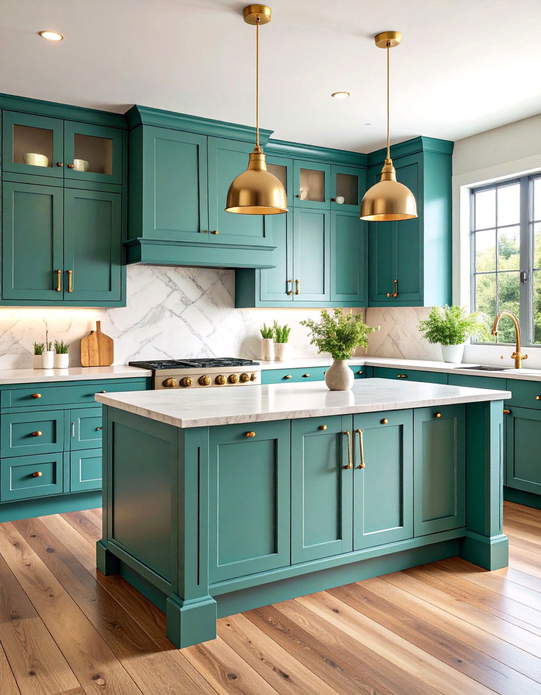Emerald Green Cabinets with Brass Hardware - 25 Emerald Green Kitchen Ideas