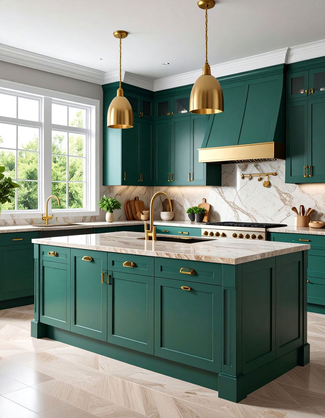 Emerald Green Cabinets with Light Brown Stone Countertops - 25 Green and Brown Kitchen Ideas