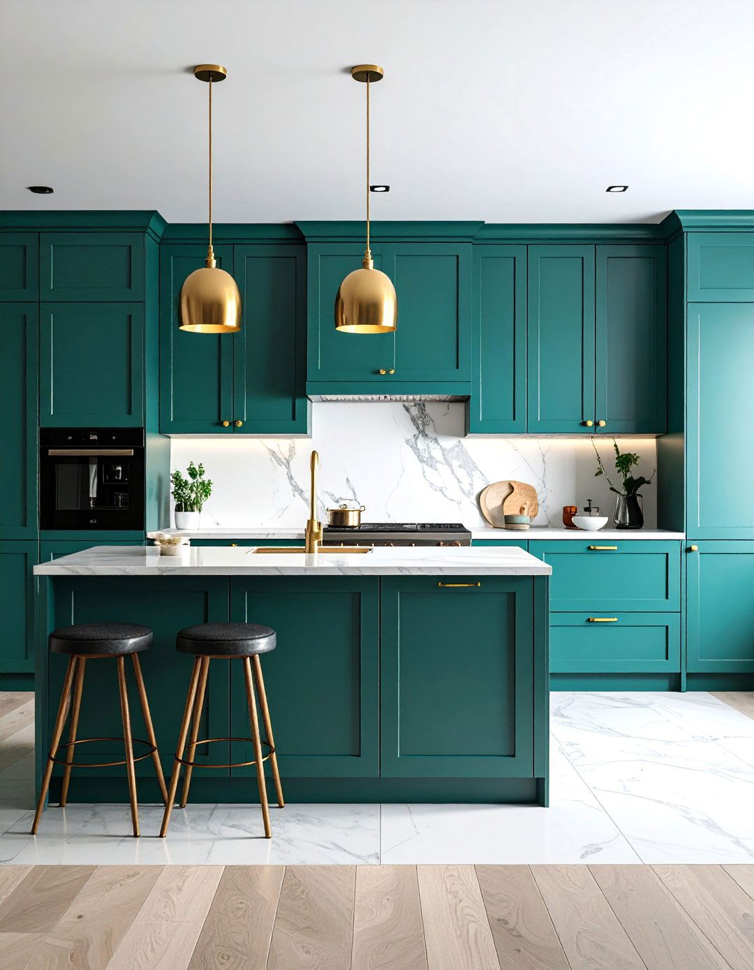 Emerald Green Cabinets with White Marble Backsplash - 25 Emerald Green Kitchen Ideas