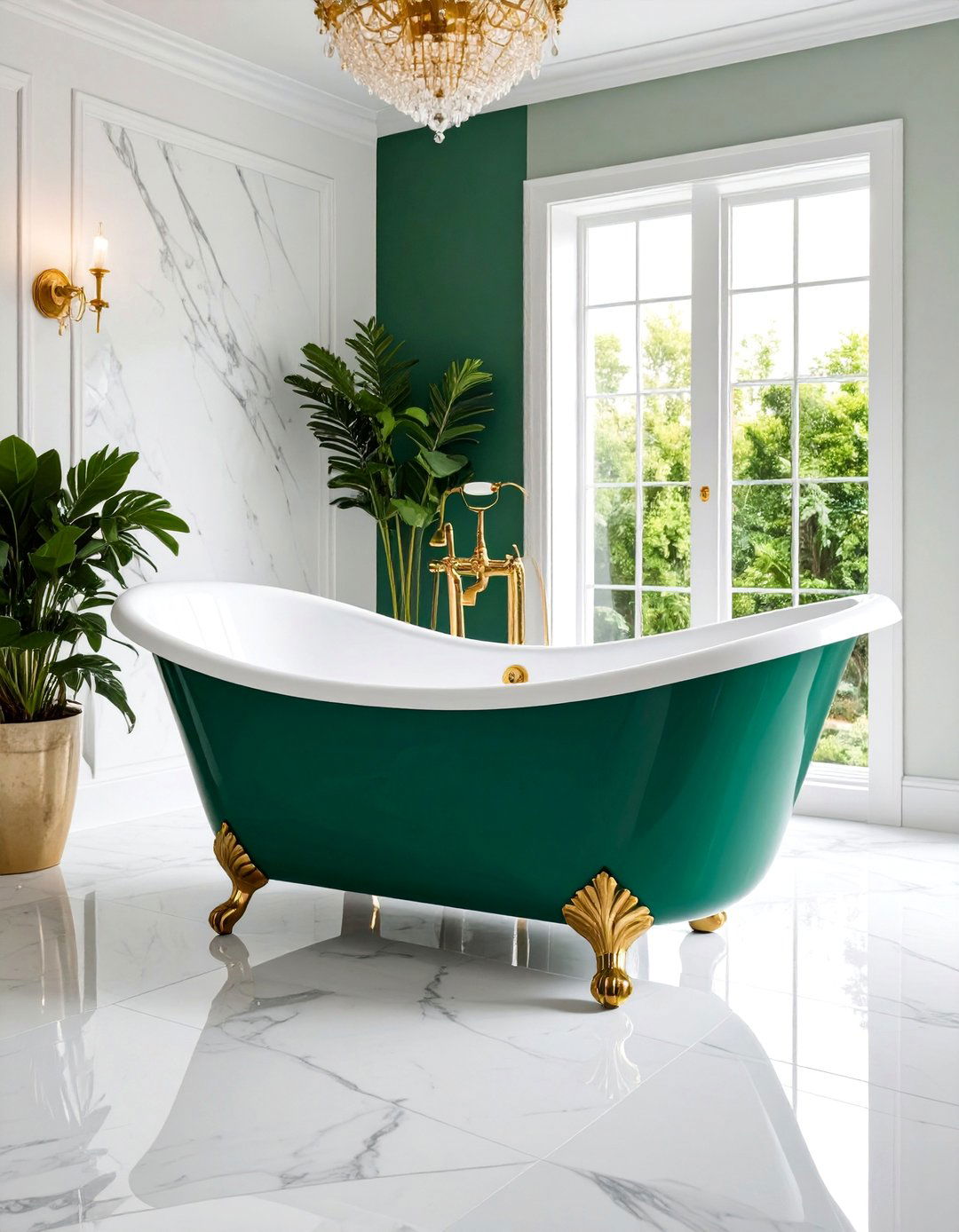 Emerald Green Clawfoot Tub with Gold Feet - 25 Green and Gold Bathroom Ideas