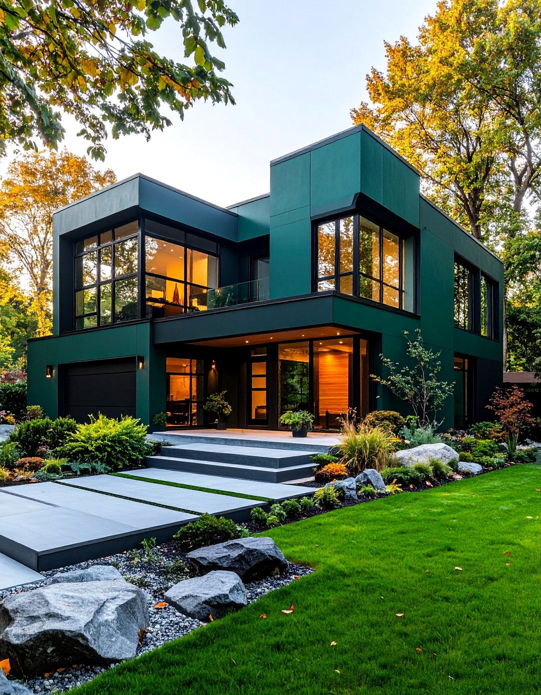 Emerald Green Contemporary with Sleek Black Accents - 25 Green House Exterior With Black Trim