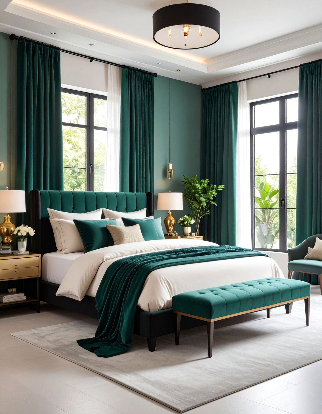 Emerald Green Curtains with Black Hardware - 25 Black and Green Bedroom Design Ideas