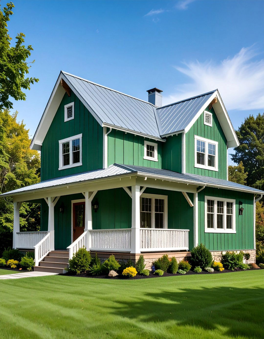 Emerald Green Farmhouse with Exposed Rafter Tails - 25 Farmhouse Green Exterior Home Ideas