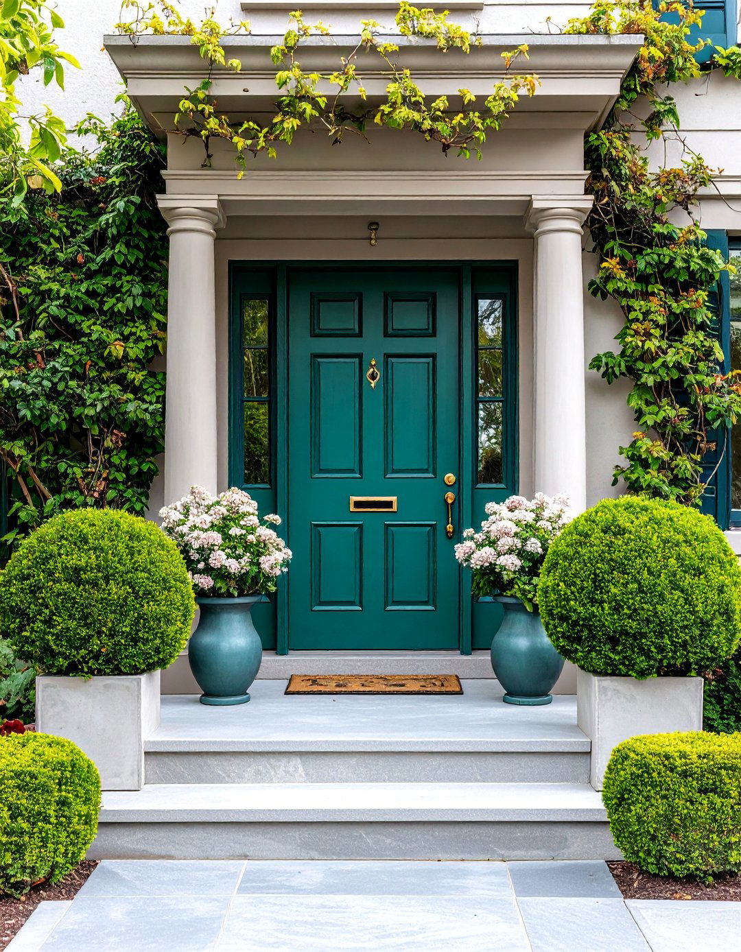 Emerald Green Front Door with Flanking Planters - 25 Emerald Green Front Door Ideas