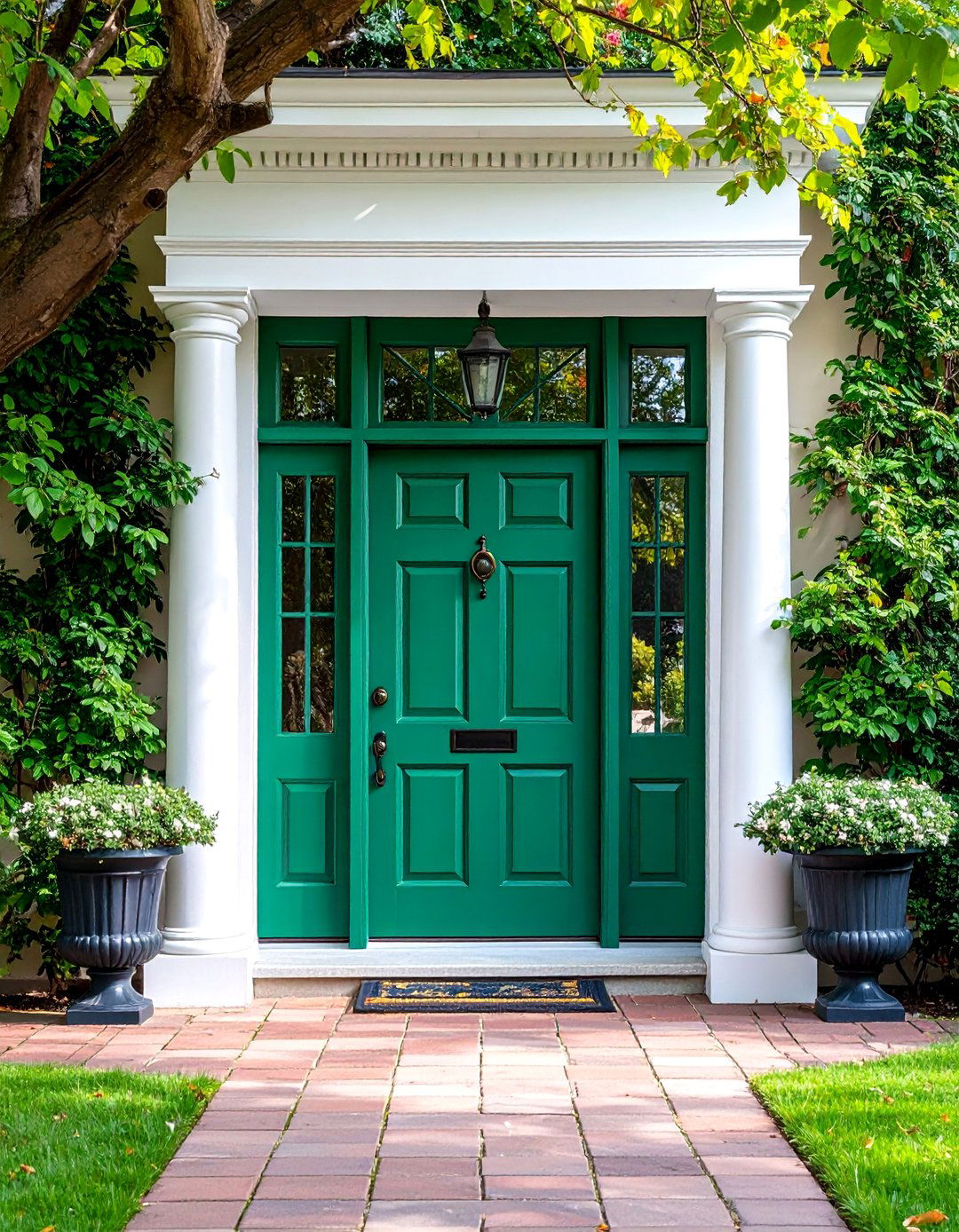 Emerald Green Front Door with Transom Window Above - 25 Emerald Green Front Door Ideas