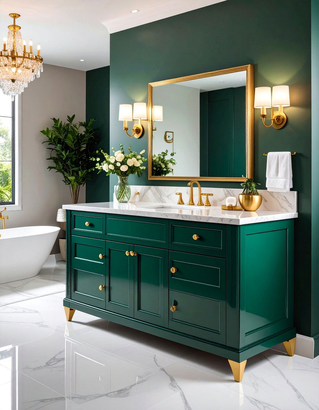 Emerald Green Glam Vanity with Crystal Hardware - 25 Bathroom With Green Vanity