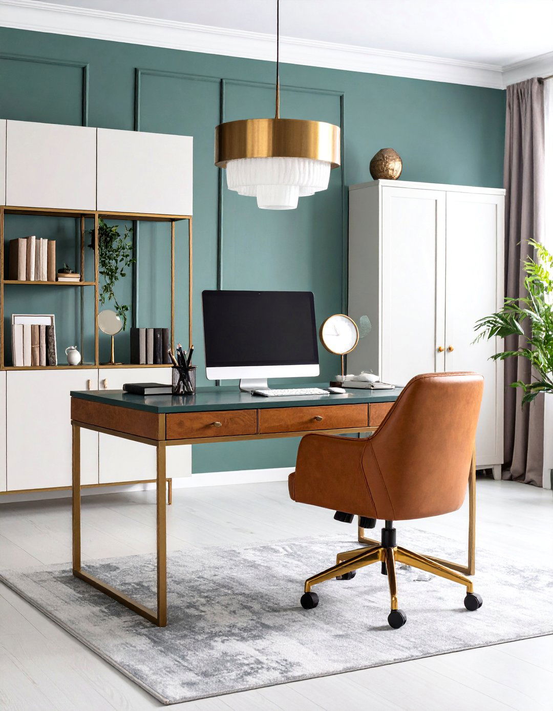 Emerald Green Home Office with Metallic Details - 25 Art Deco Interior Design Ideas
