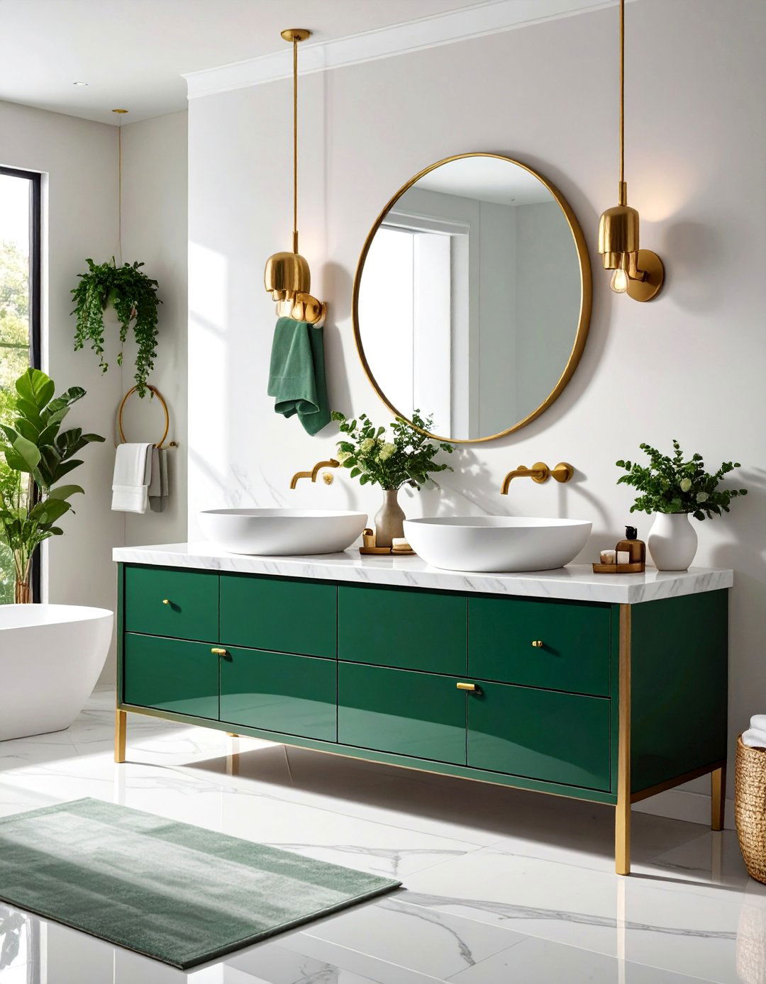 Emerald Green Jewel Tone with Marble Countertops - 25 Bathroom Cabinet Color Ideas