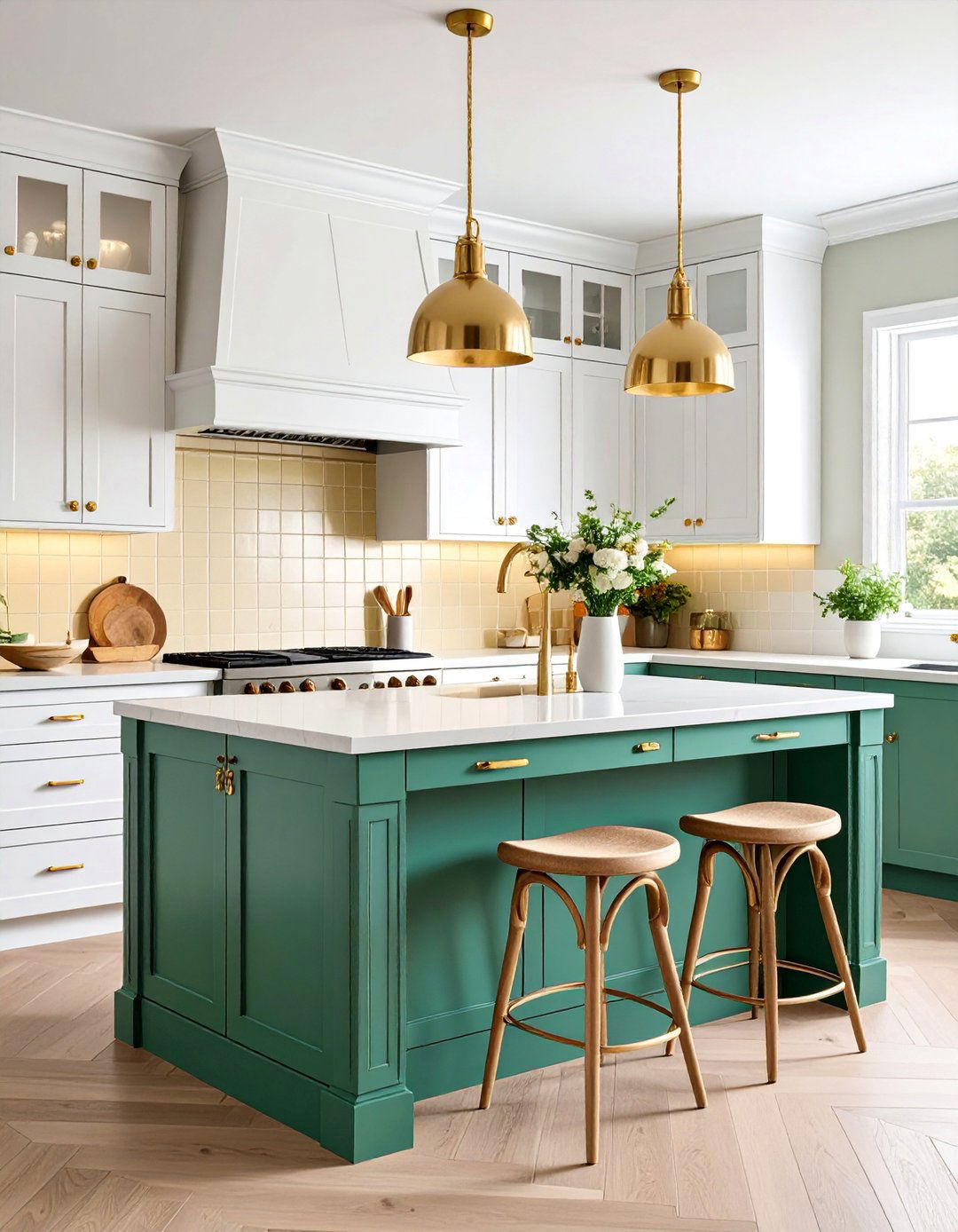 Emerald Green Kitchen Island with Cream Yellow Tile Backsplash - 25 Green and Yellow Kitchen Ideas