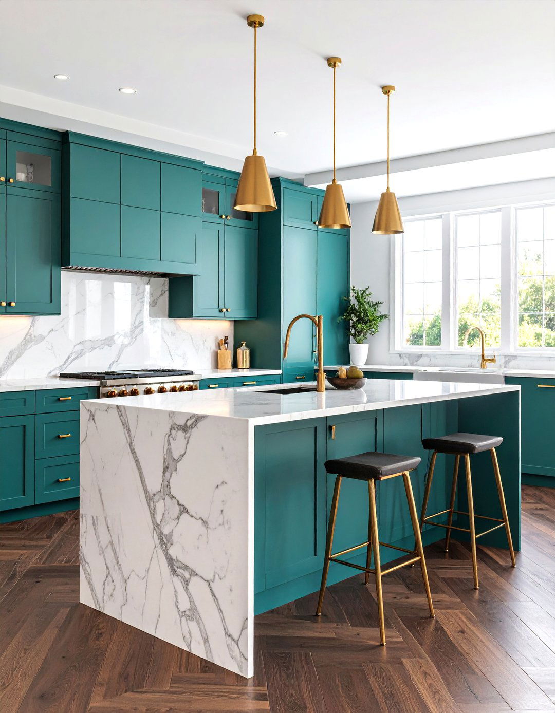 Emerald Green Kitchen Island with Marble Countertop - 25 Emerald Green Kitchen Ideas