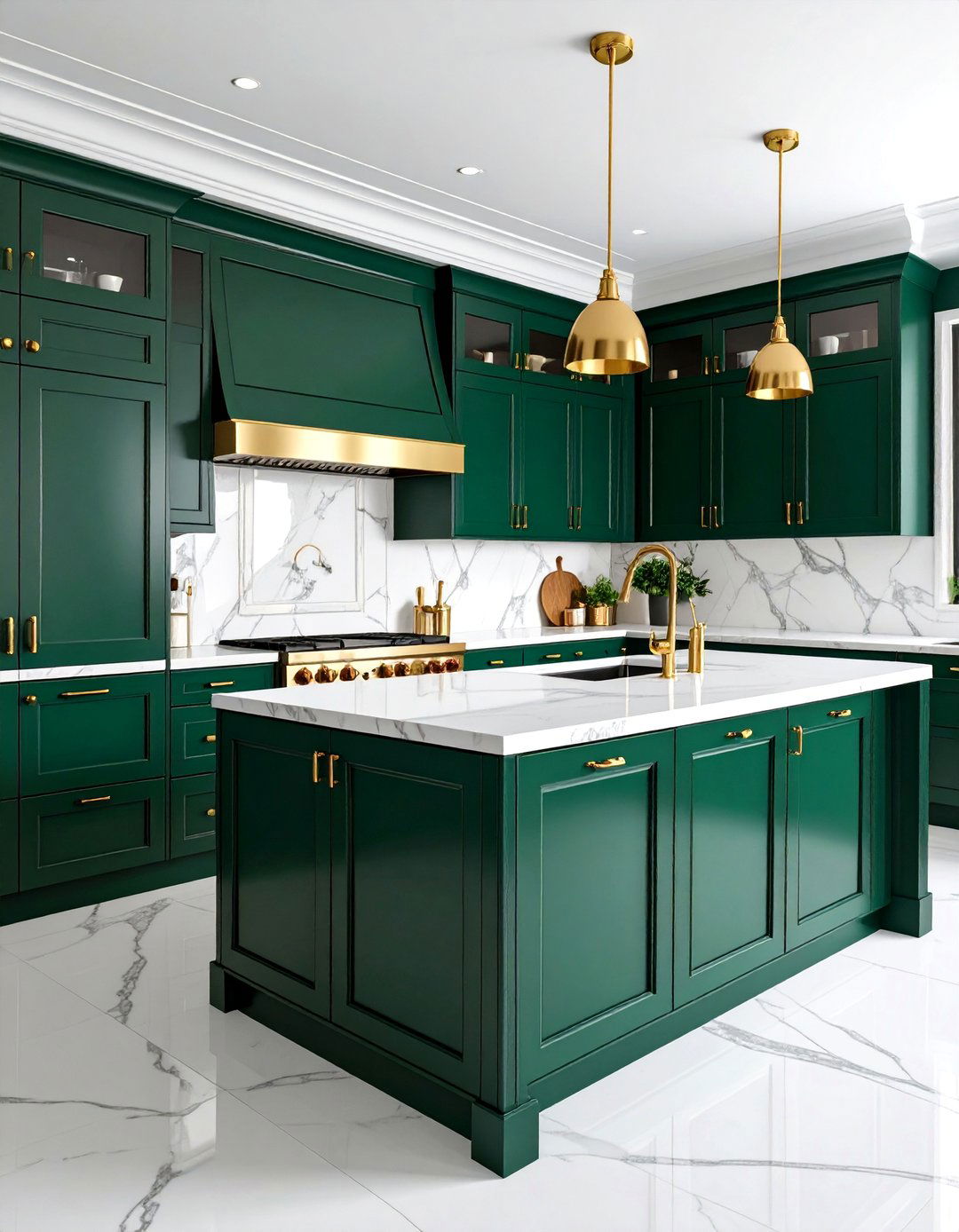 Emerald Green Lacquered Cabinets with Gold Accents - 25 Dark Green Kitchen Ideas