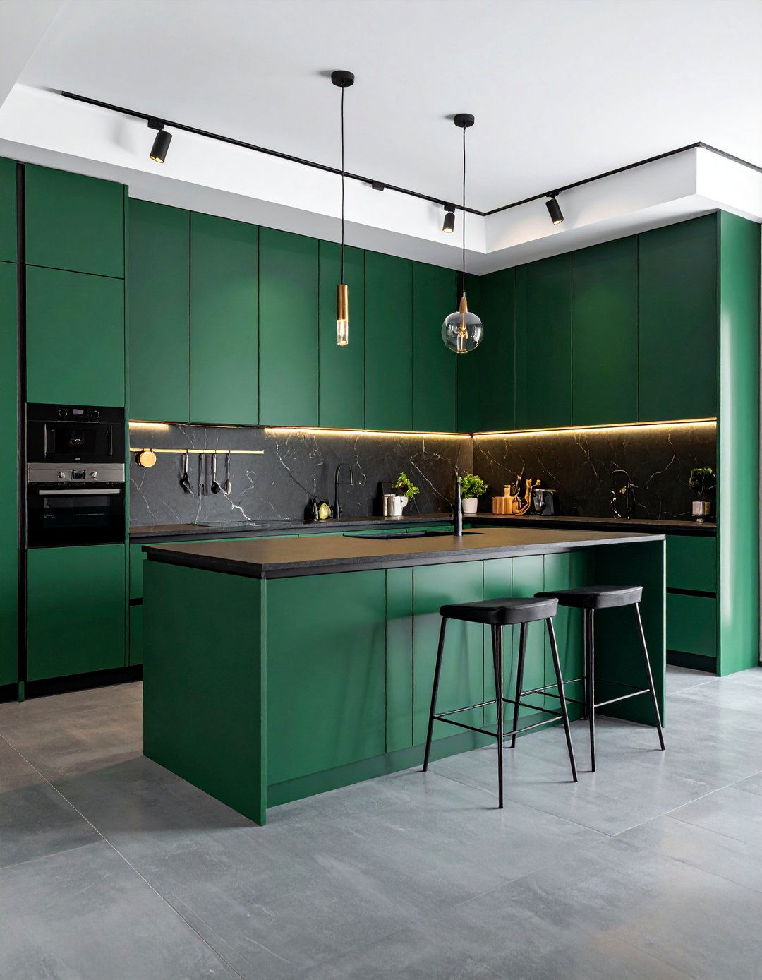 Emerald Green Lacquered Kitchen with Black Accents - 25 Dark Green Kitchen Ideas