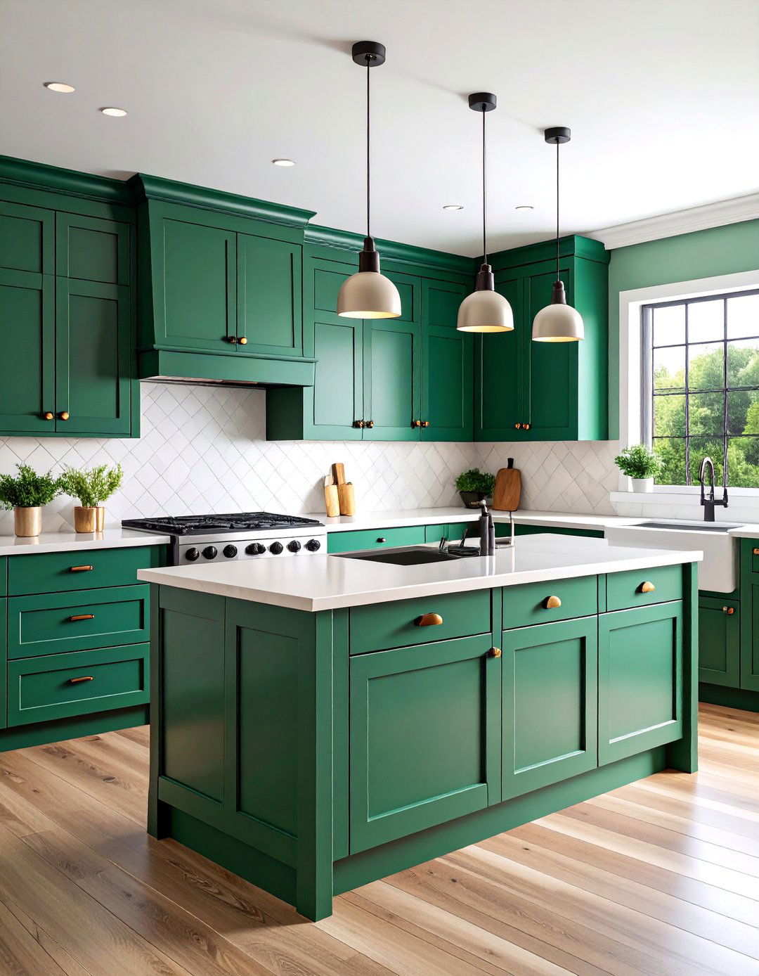 Emerald Green Lower Cabinets with Black Hardware - 25 Black and Green Kitchen Ideas