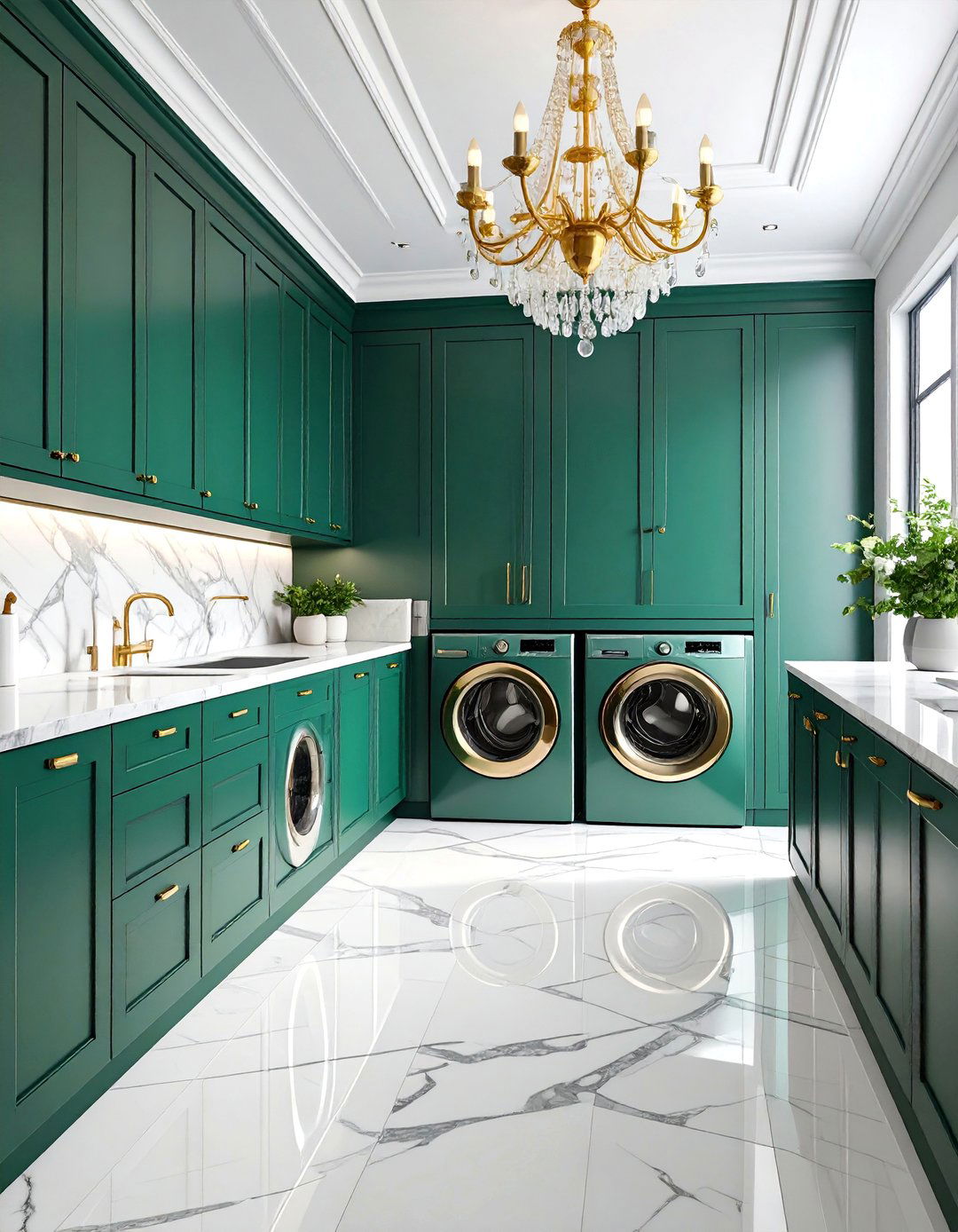 Emerald Green Luxury with Marble Features - 25 Green Laundry Room Ideas