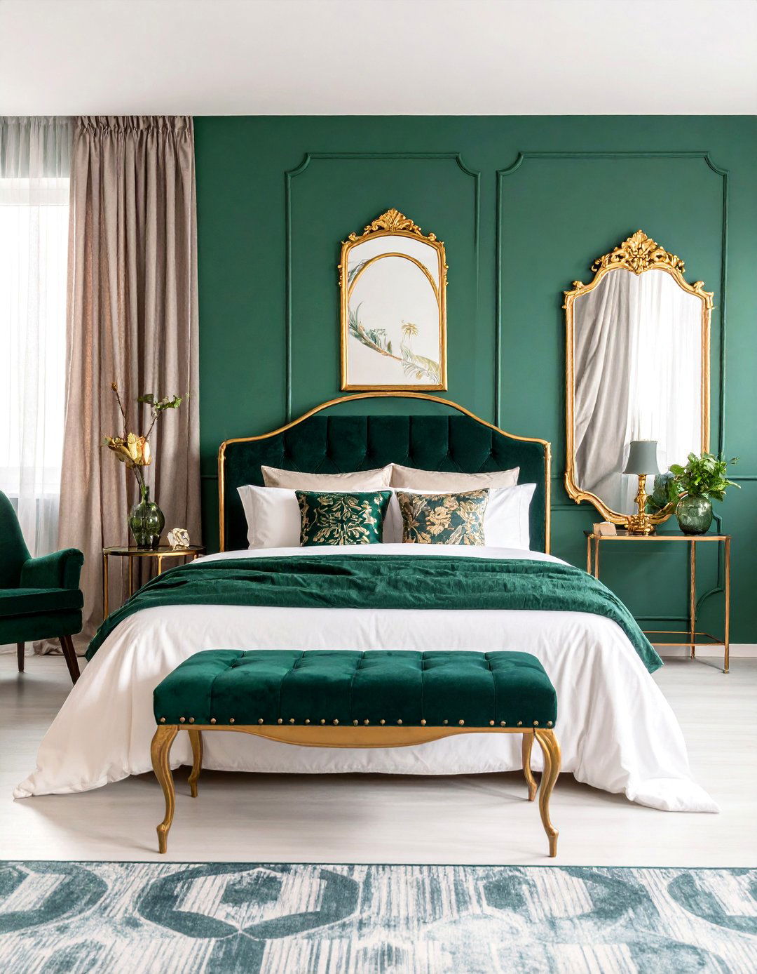 Emerald Green Maximalist Bedroom with Gold Pattern Mixing - 25 Emerald Green and Gold Bedroom Ideas