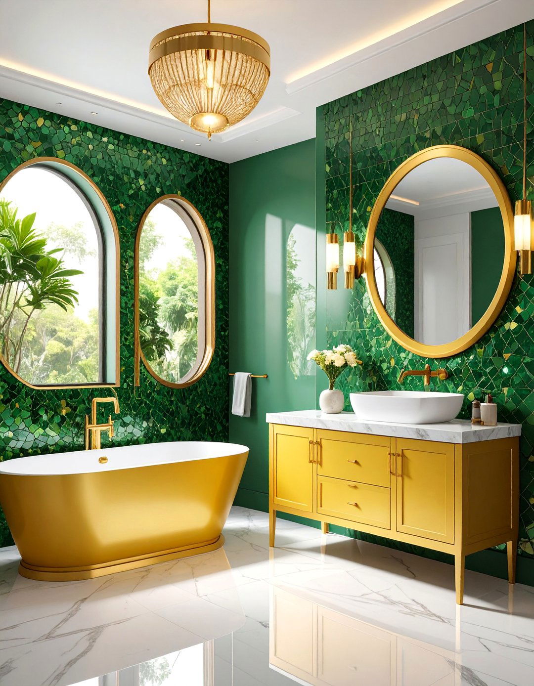 Emerald Green Mosaic Border with Lemon Yellow Field Tiles - 25 Yellow and Green Bathroom Ideas