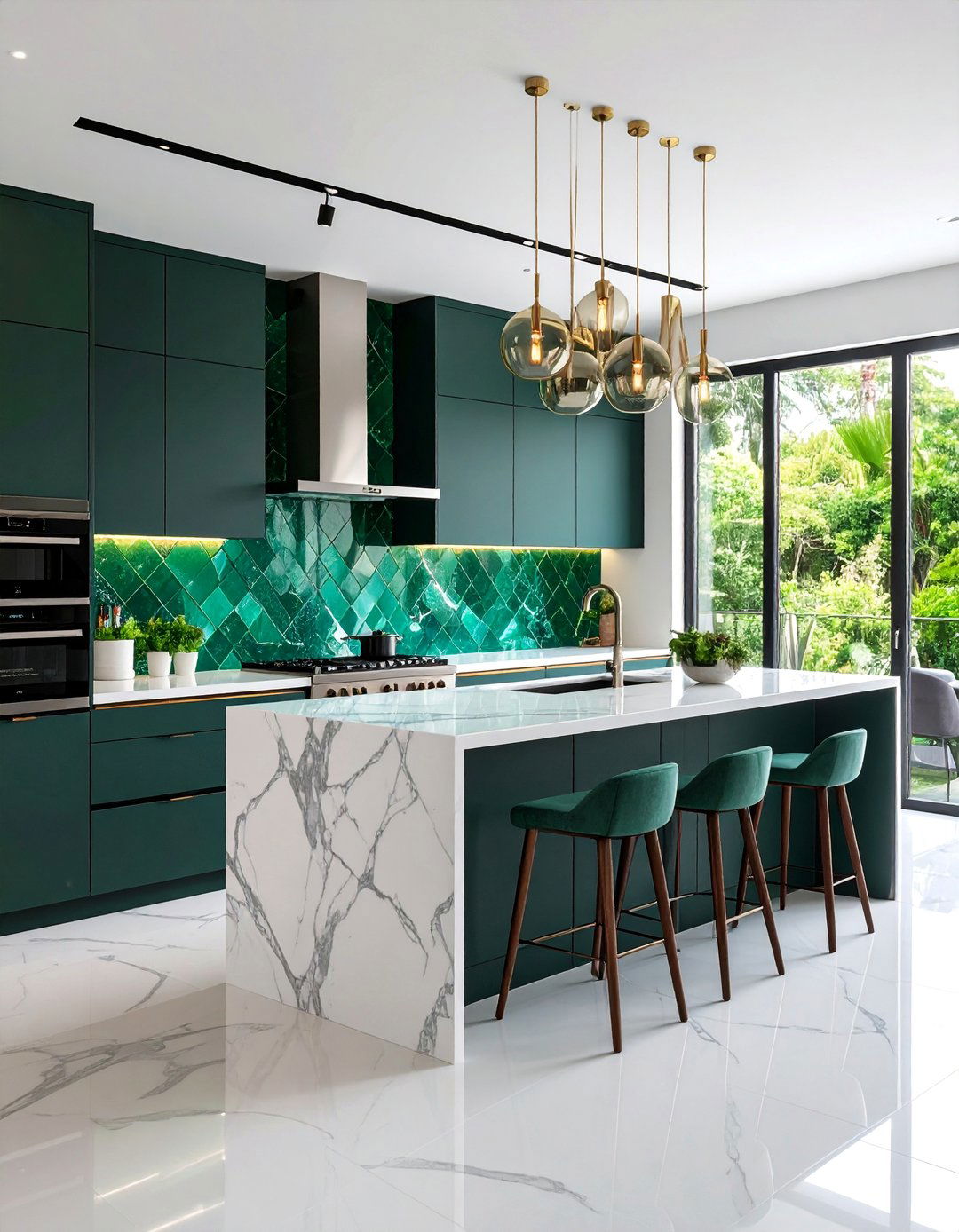 Emerald Green Mosaic with Marble Countertops - 25 Kitchen With Green Backsplash Ideas