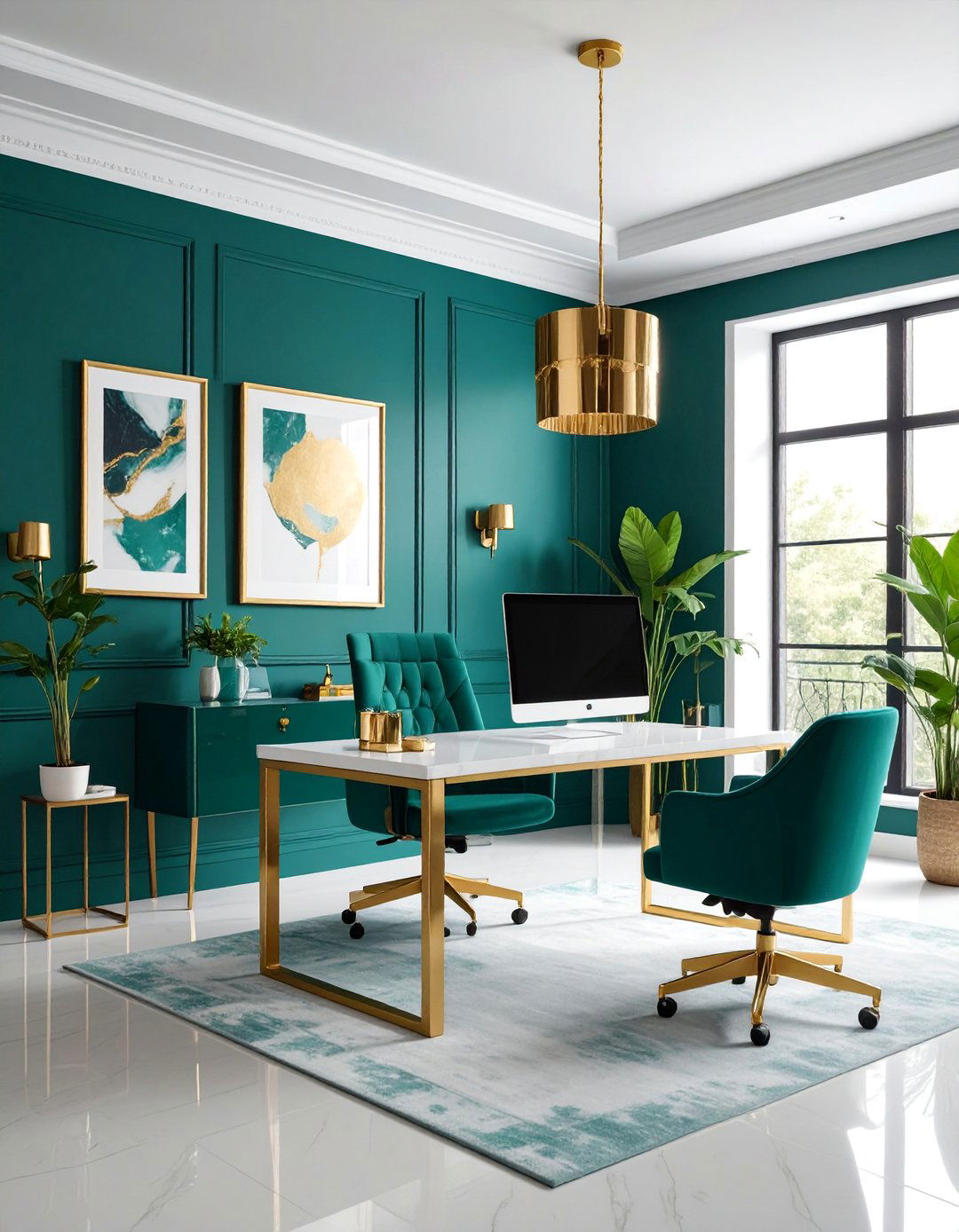 Emerald Green Office with Gold Framed Artwork Display - 25 Dark Green Office Ideas and Inspiration