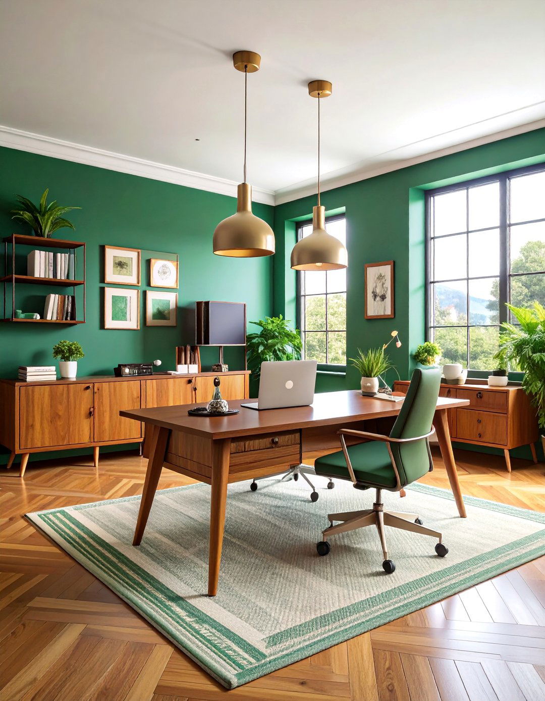 Emerald Green Office with Mid Century Modern Furniture - 25 Dark Green Office Ideas and Inspiration