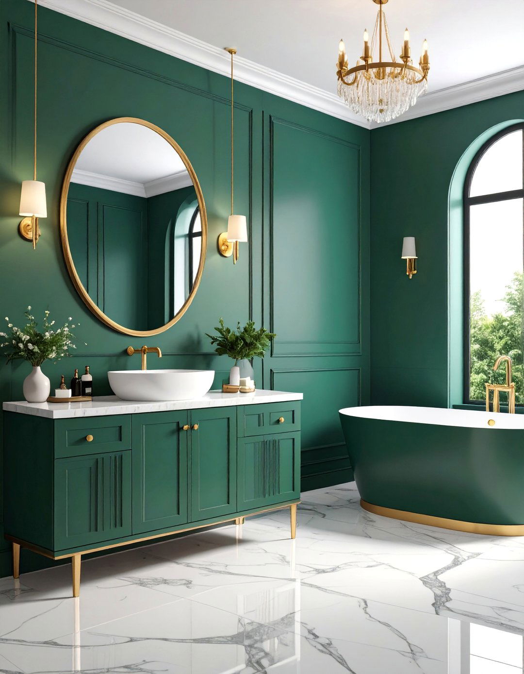 Emerald Green Powder Room with Brass Fixtures - 25 Green Accent Wall Ideas