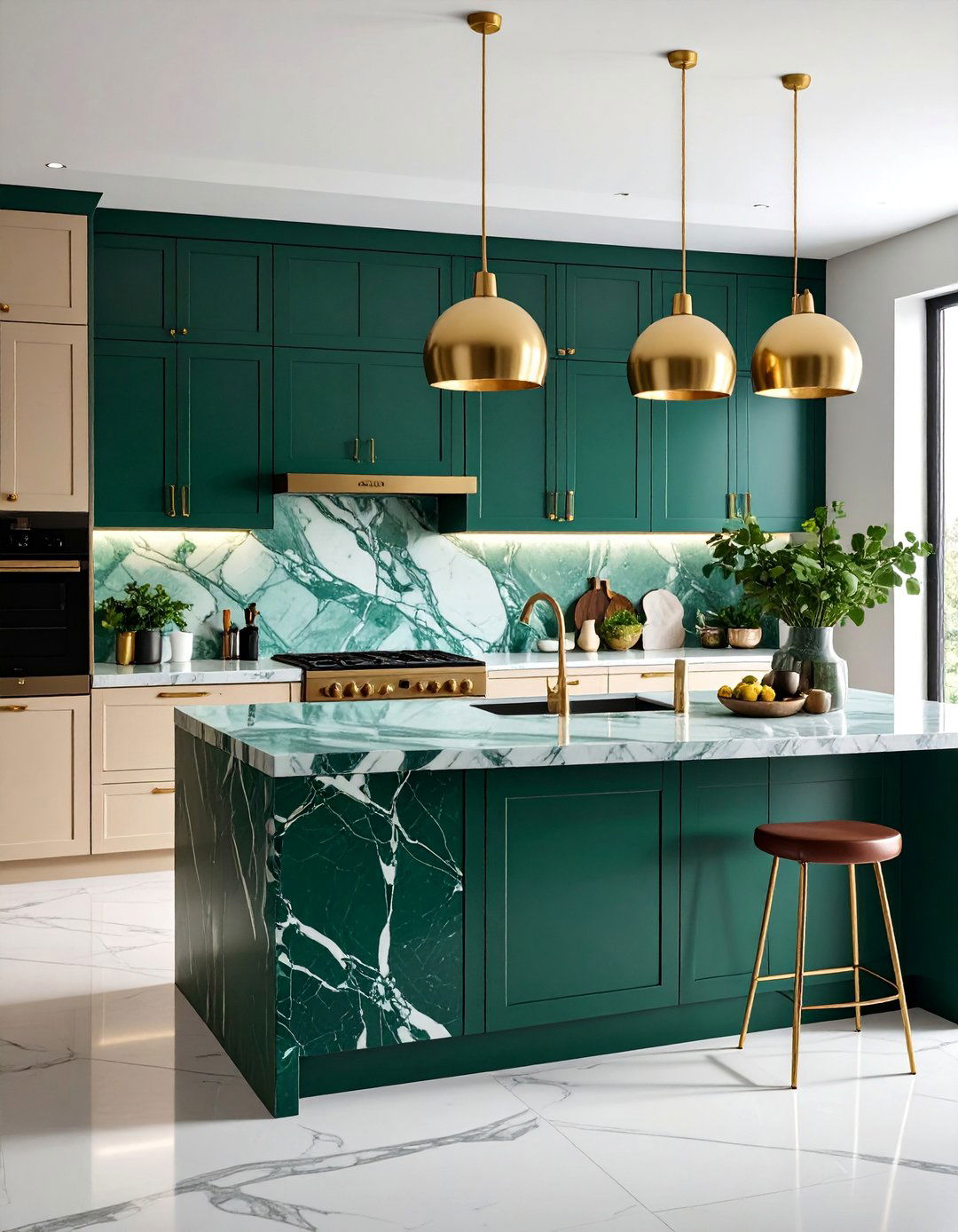 Emerald Green Serpentine Kitchen Countertops with Brass Accents - 25 Green Marble Countertop Design Ideas