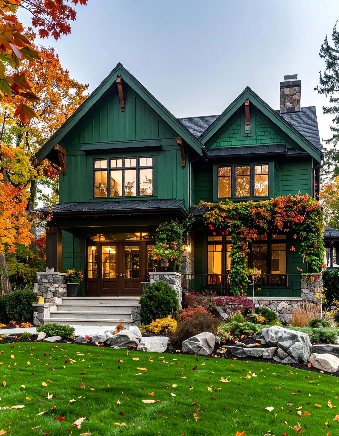 Emerald Green Statement Home with Stone Accents - 25 Green Exterior House Paint Ideas