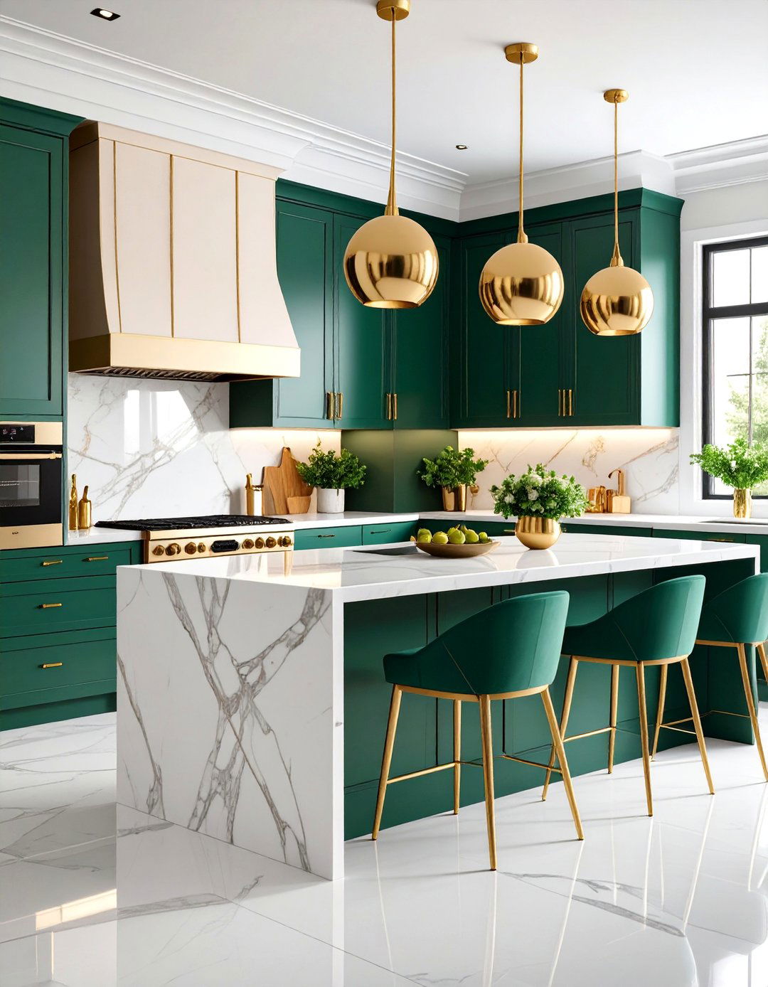 Emerald Green Statement Kitchen with Brass Accent Details - 25 Kitchen With Colored Appliances Ideas