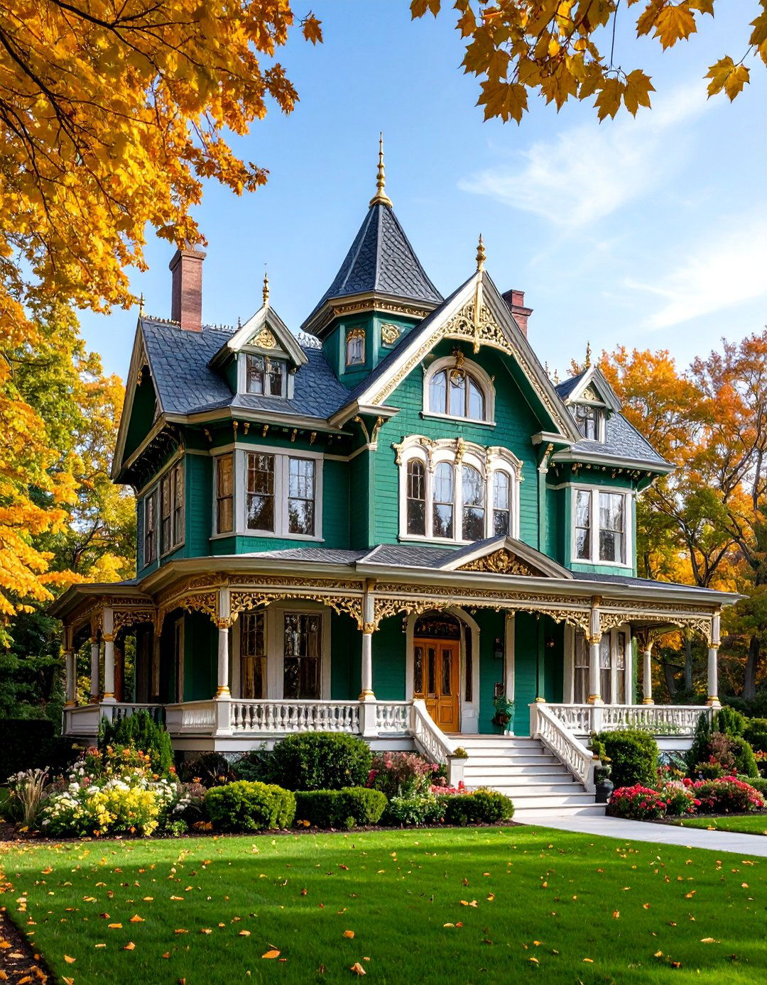 Emerald Green Statement Victorian with Gold Details - 25 Green Victorian House Colors