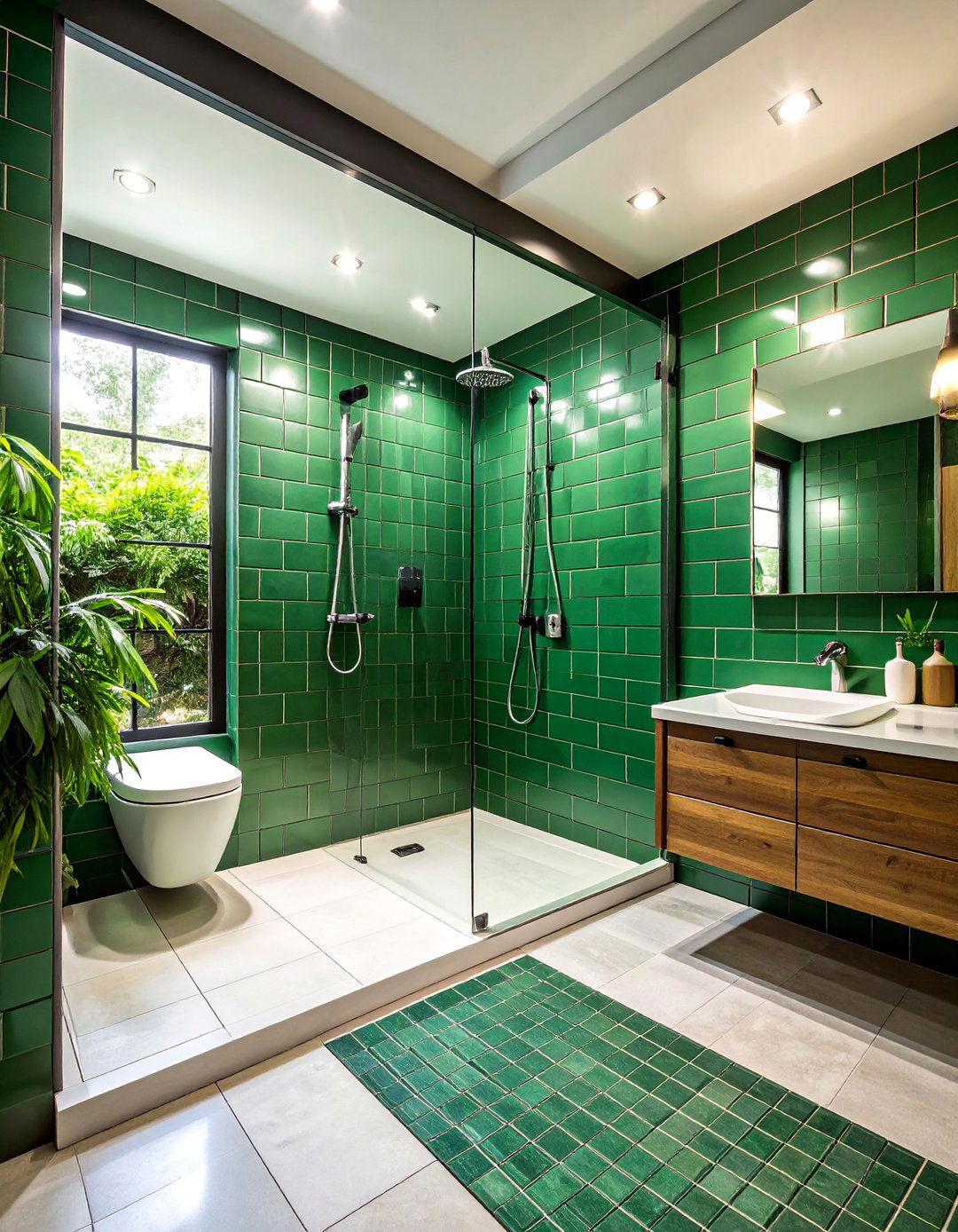 Emerald Green Subway Tiles with Black Grout - 25 Black and Green Bathroom Ideas