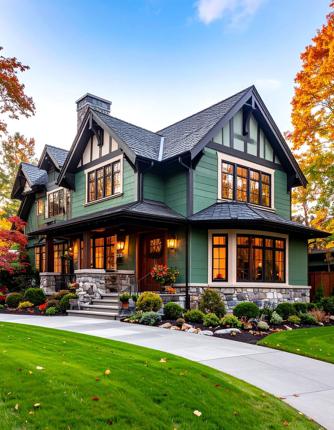 Emerald Green Tudor with Slate Accents - 25 Green Exterior House Paint Ideas