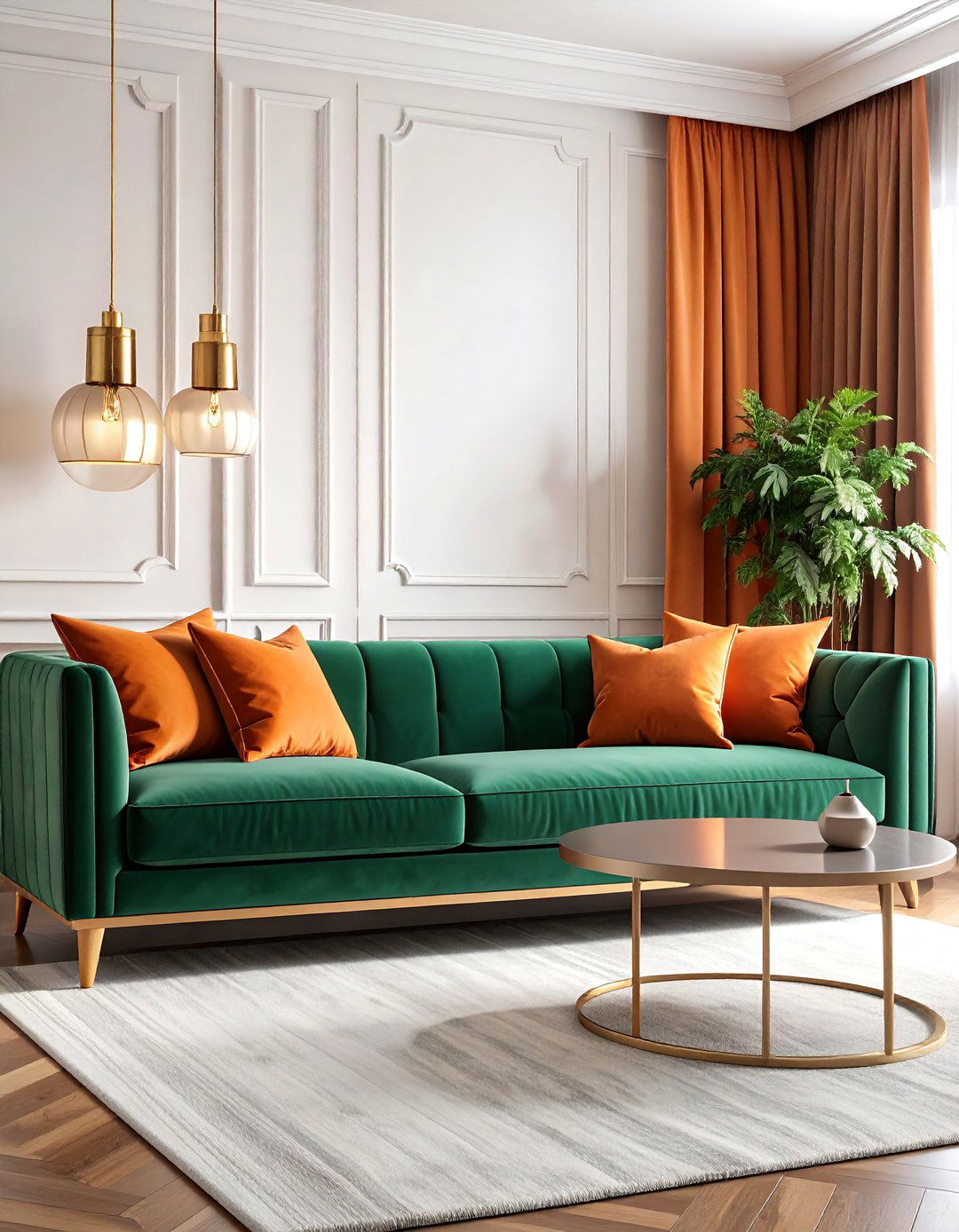 Emerald Green Velvet Sofa with Burnt Orange Accents - 25 Green and Orange Living Room Ideas