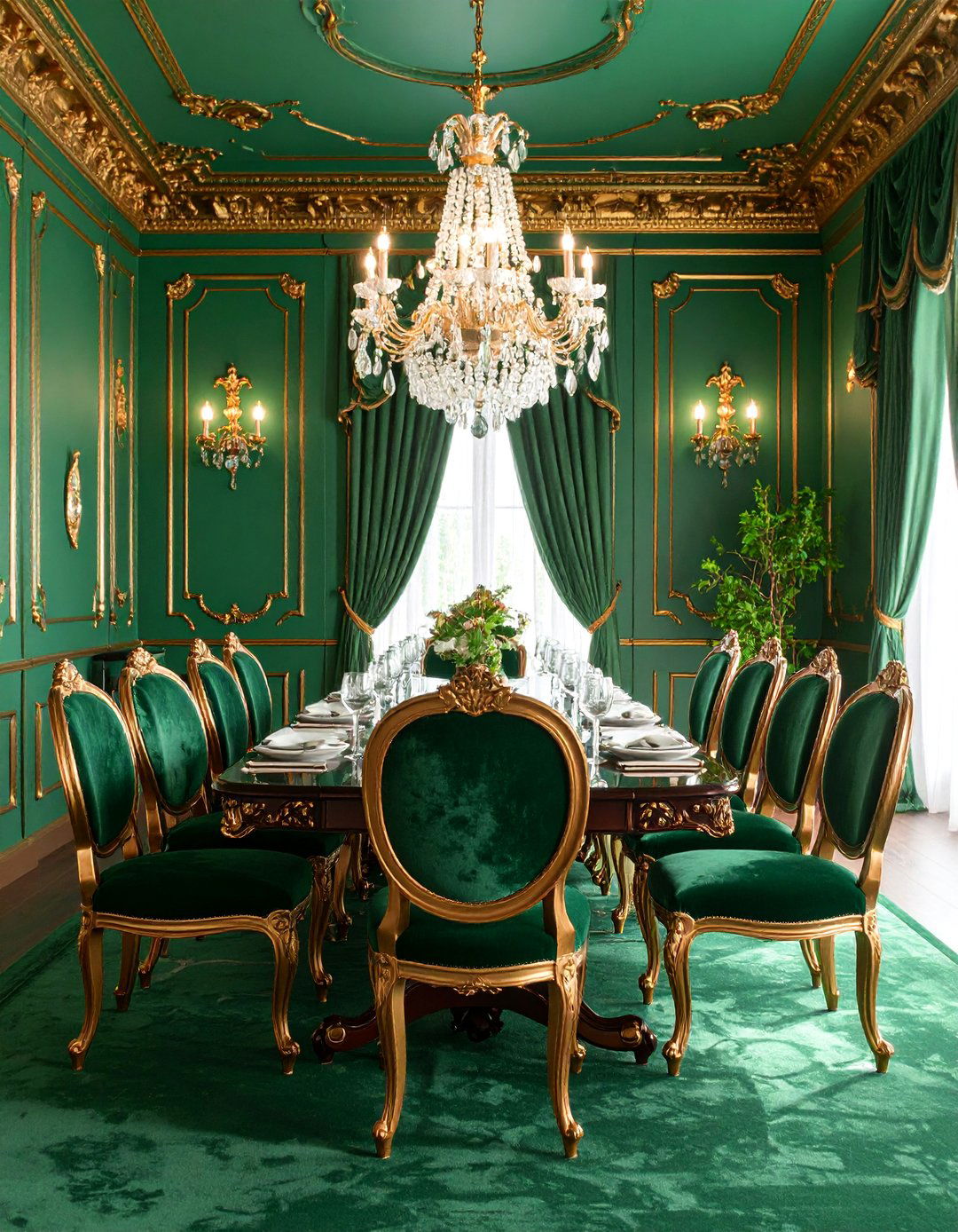 Emerald Green Victorian Elegance with Ornate Details - 25 Green Dining Room Ideas