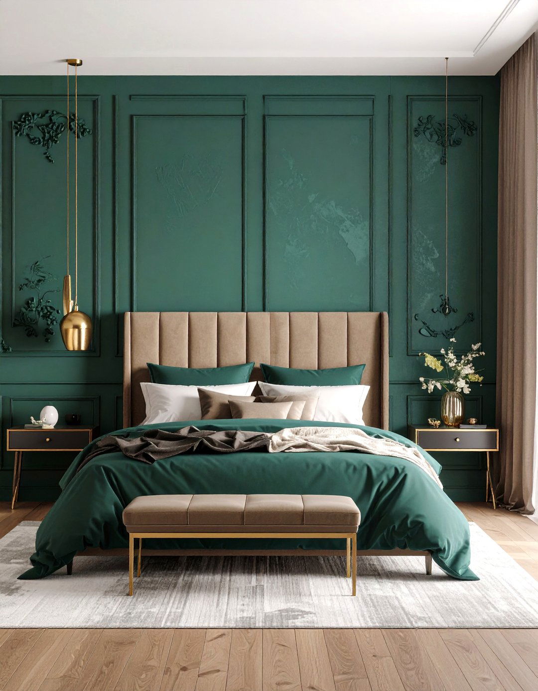 Emerald Green Wallpaper Feature Wall - 25 Dark Green Bedroom Ideas