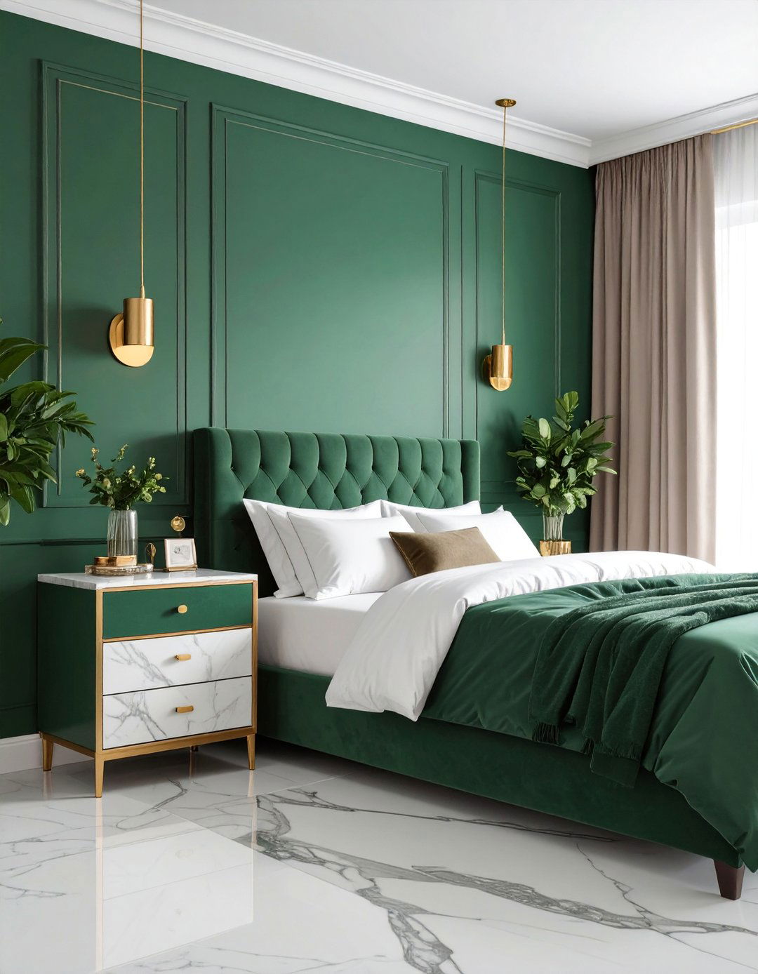 Emerald Green with Marble Accents - 25 Dark Green Bedroom Ideas