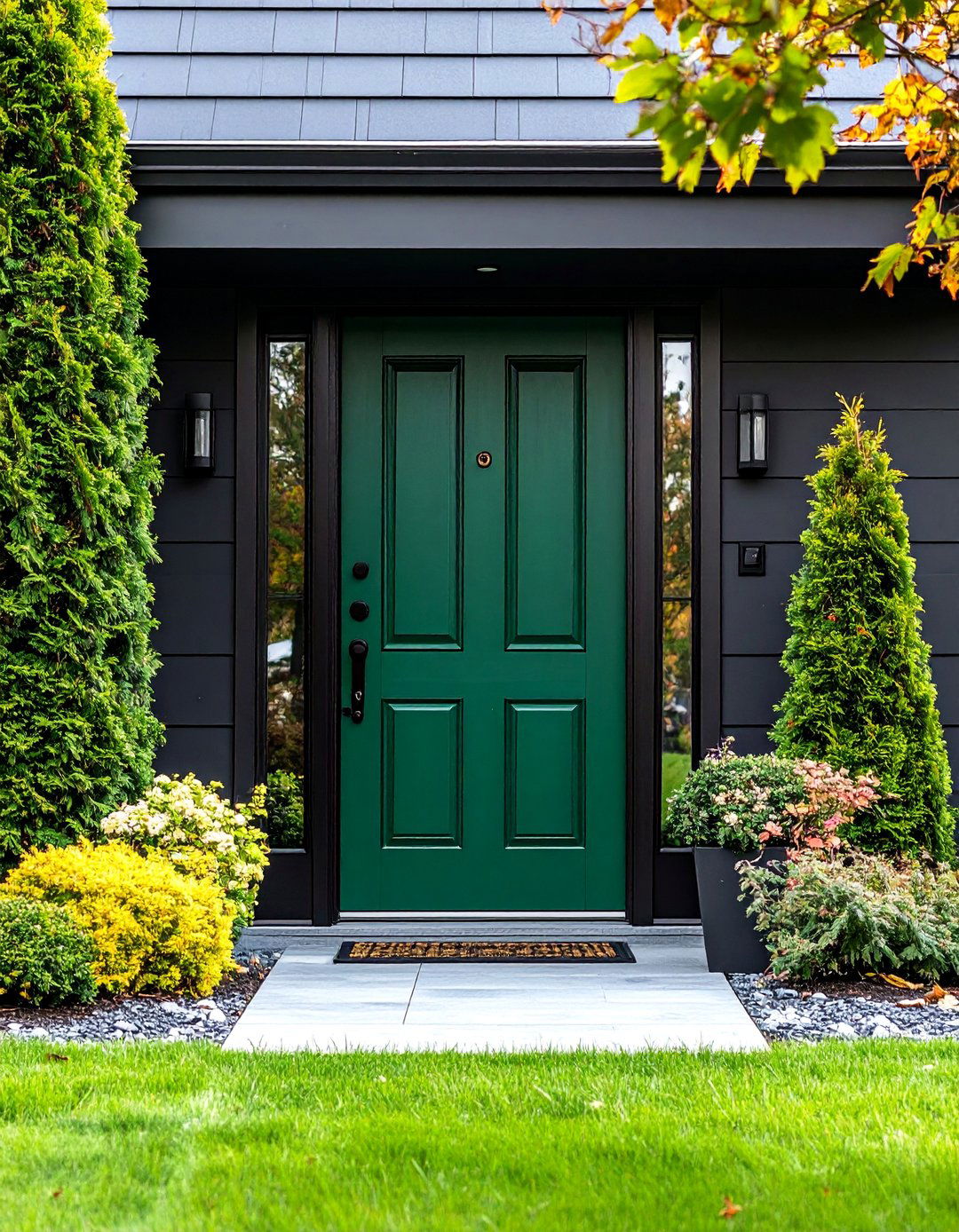 Emerald Green with Modern Black Hardware - 25 Dark Green Front Door Ideas