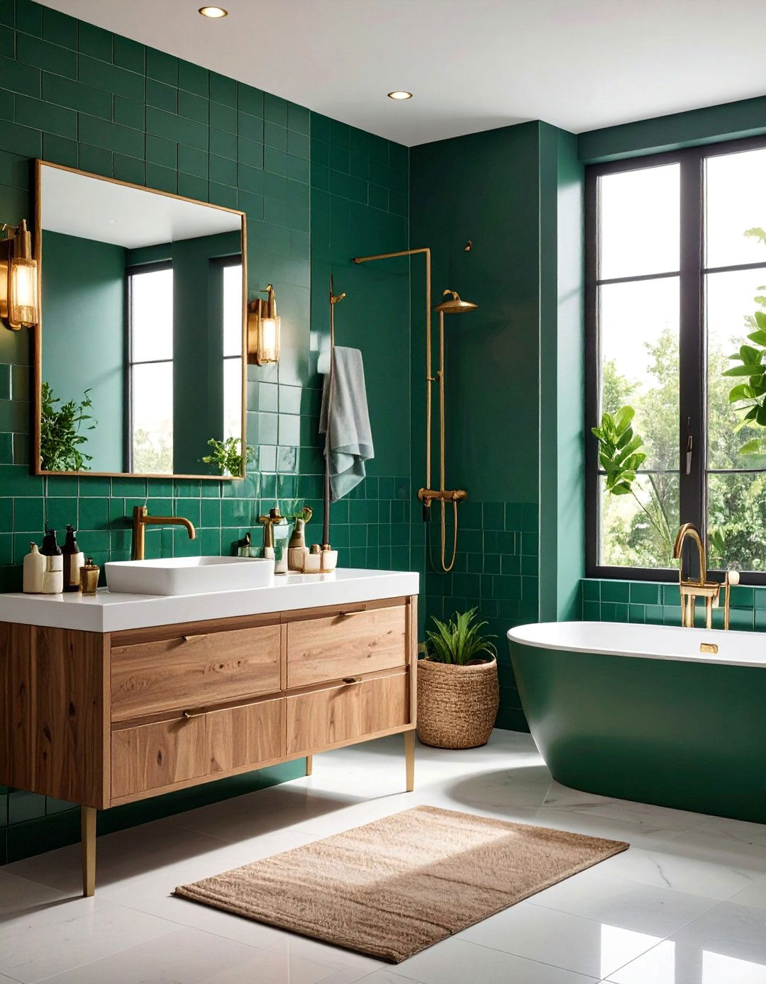 Emerald Subway Tile with Brass Hardware Bathroom - 25 Green Tile Bathroom Ideas