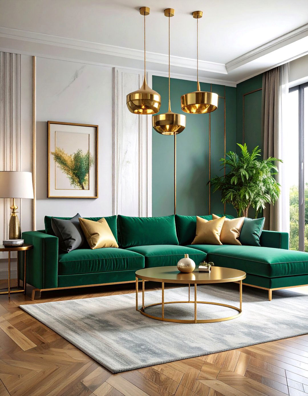 Emerald Velvet and Brass Contemporary Living Room - 25 Green and Gold Living Room Ideas