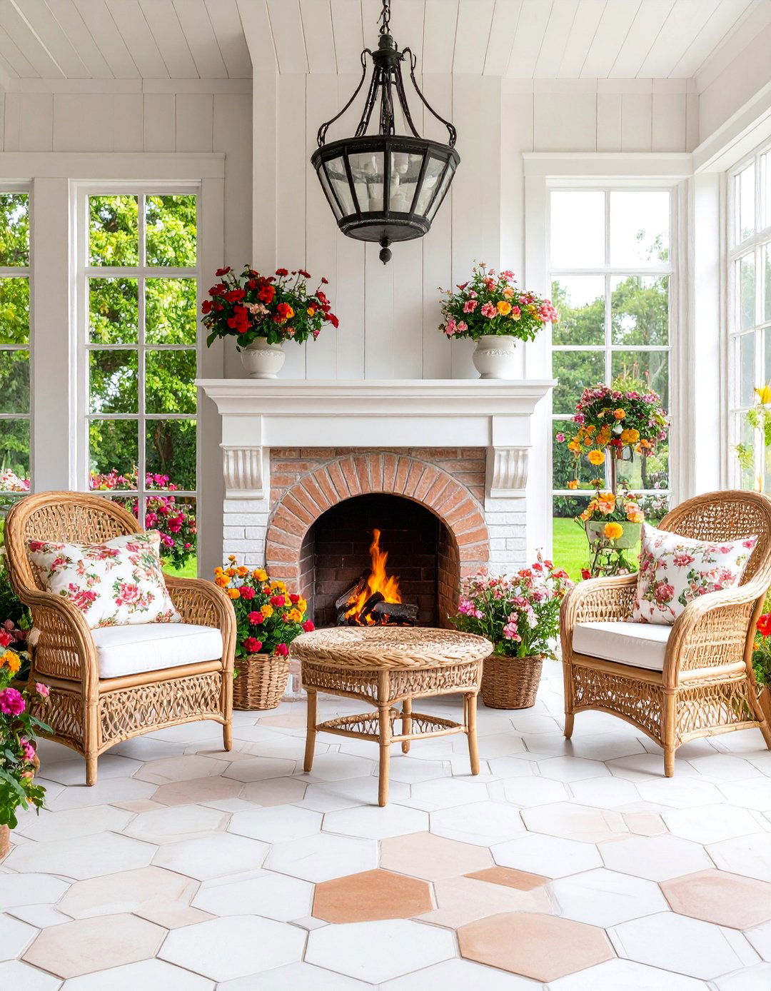 English Conservatory Sunroom with Brick Fireplace and Garden Views - 25 Sunroom With Fireplace