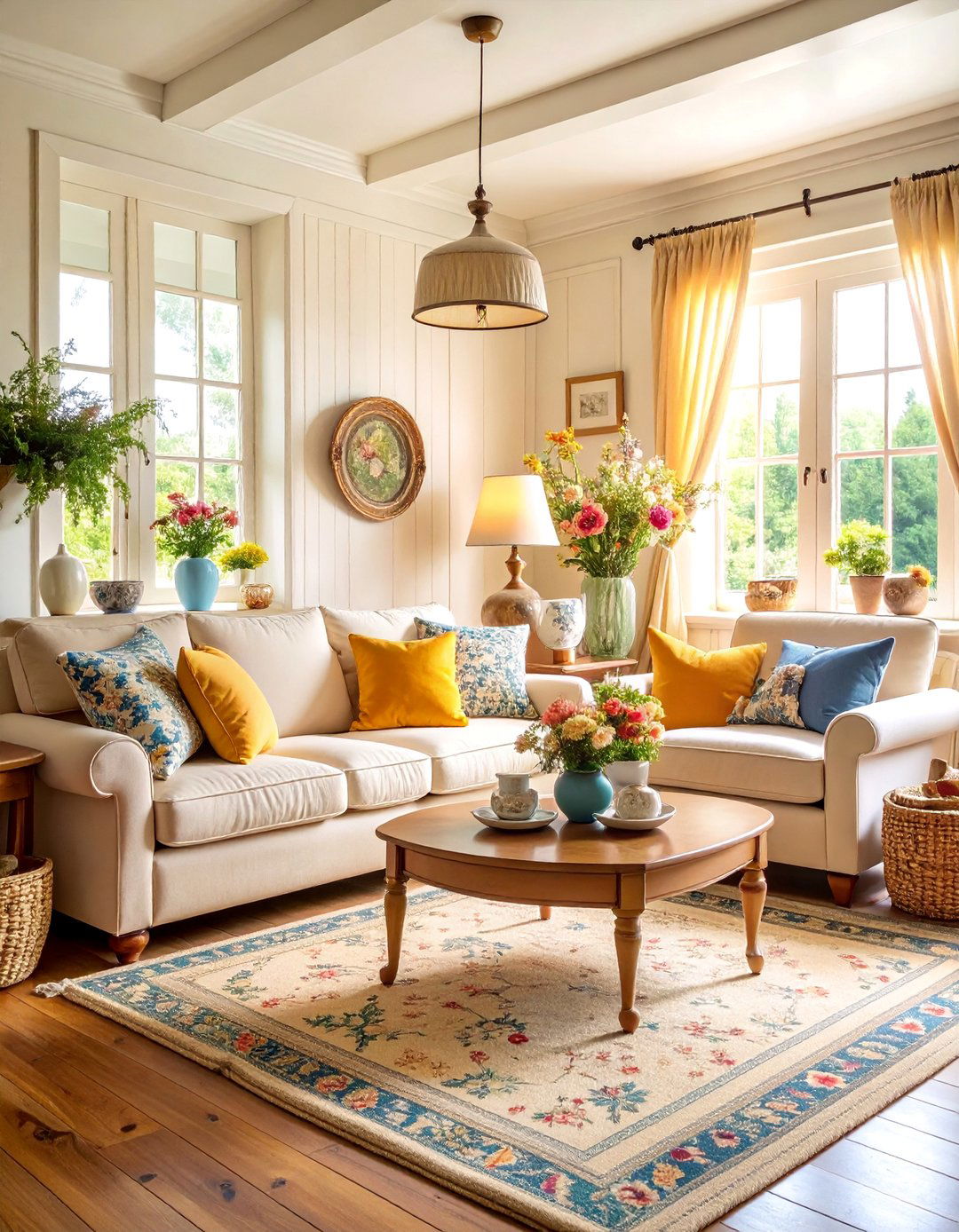 English Cottage Blue Floral and Beige Comfort - 25 blue and beige living room ideas