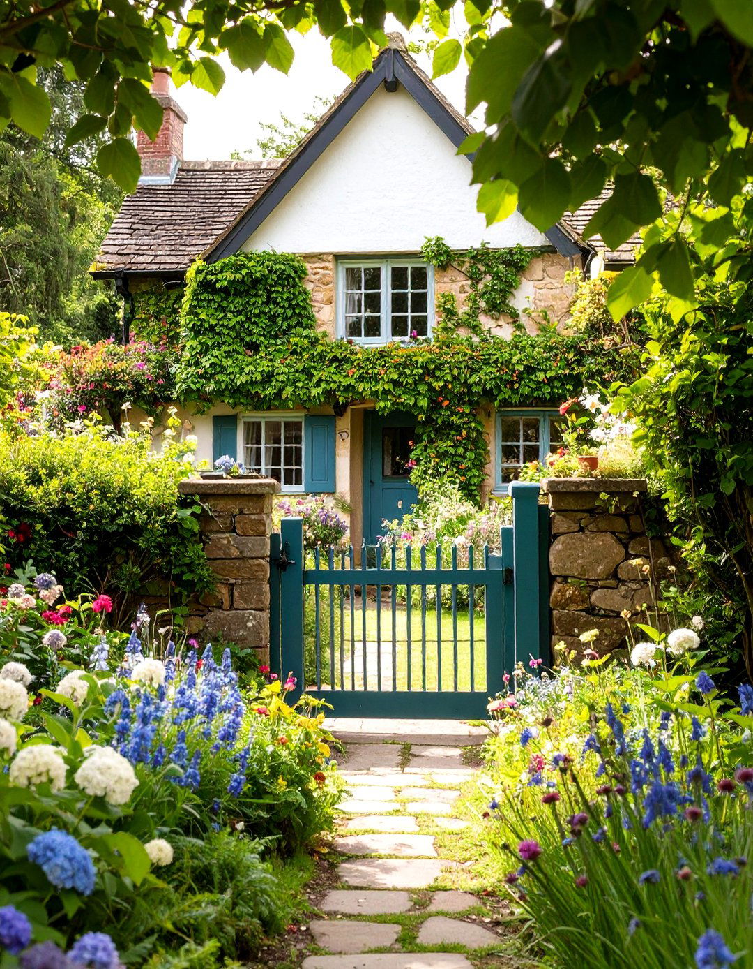 English Cottage Boho Garden with Climbing Vines - 25 Boho House Exterior Ideas