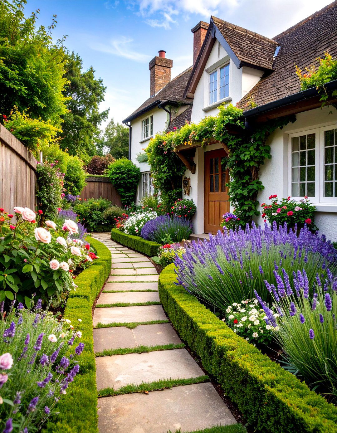 English Cottage Boxwood Border with Mixed Perennial Plantings - 25 Front Yard Boxwood Shrubs