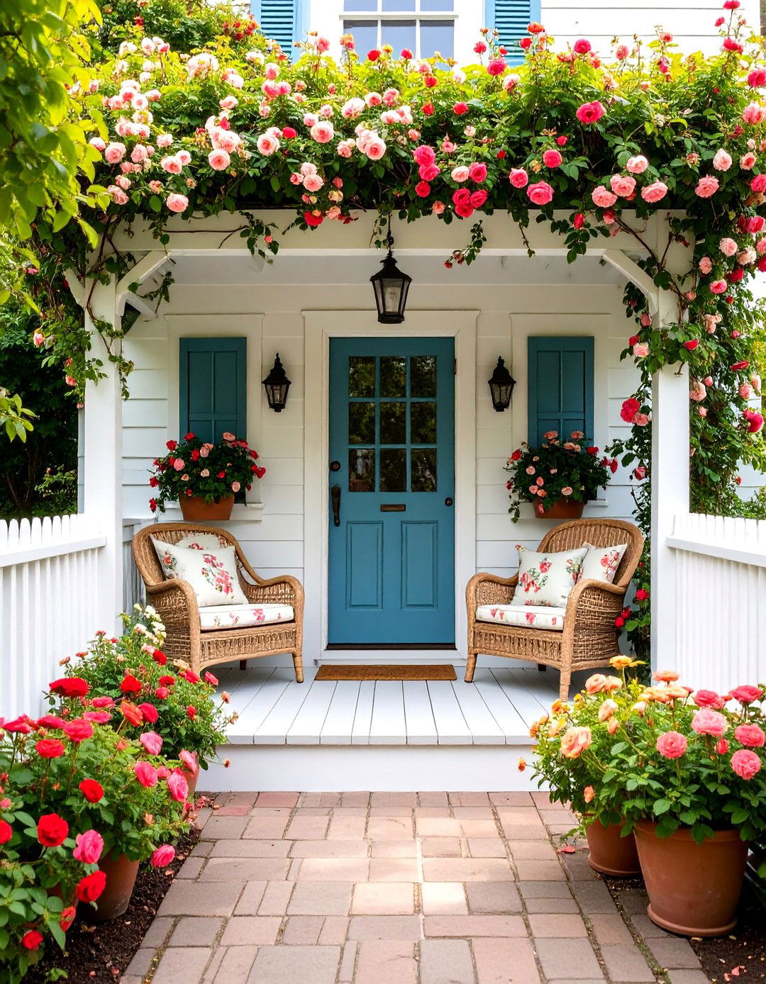 English Cottage Covered Porch with Climbing Roses