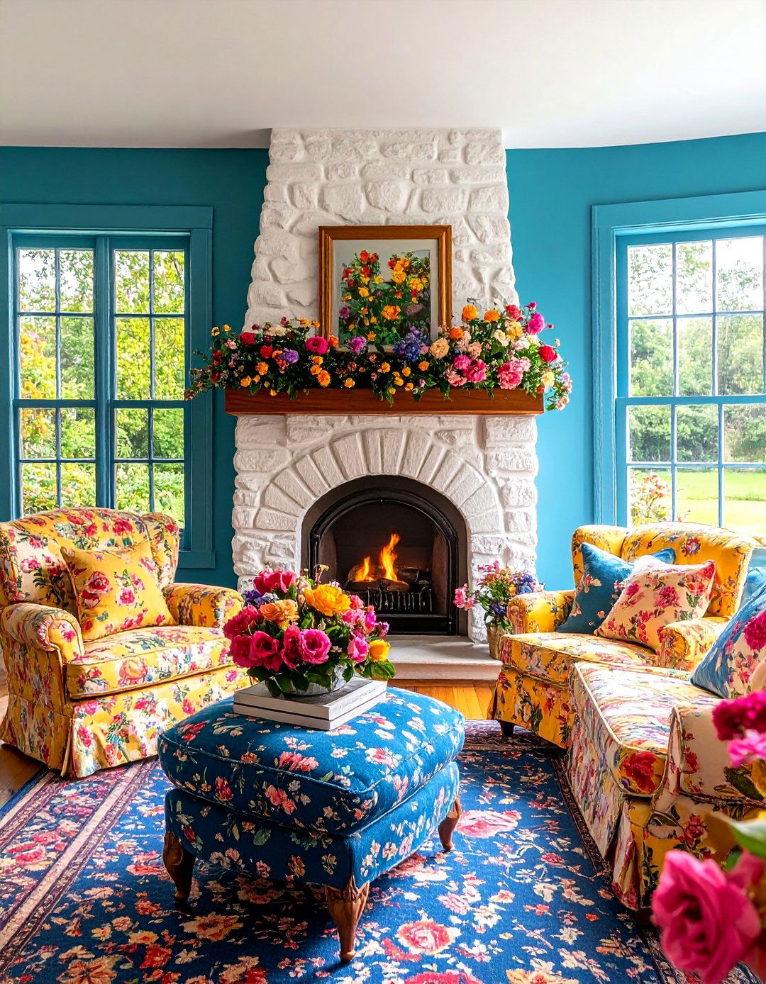 English Cottage Fireplace with Leaded Glass Windows - 25 Fireplace Between Windows Ideas