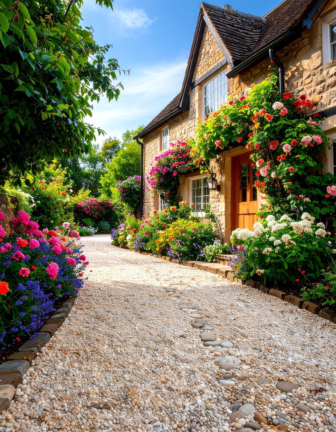 English Cottage Gravel Driveway with Perennial Flower Borders - 25 Gravel Driveway Ideas