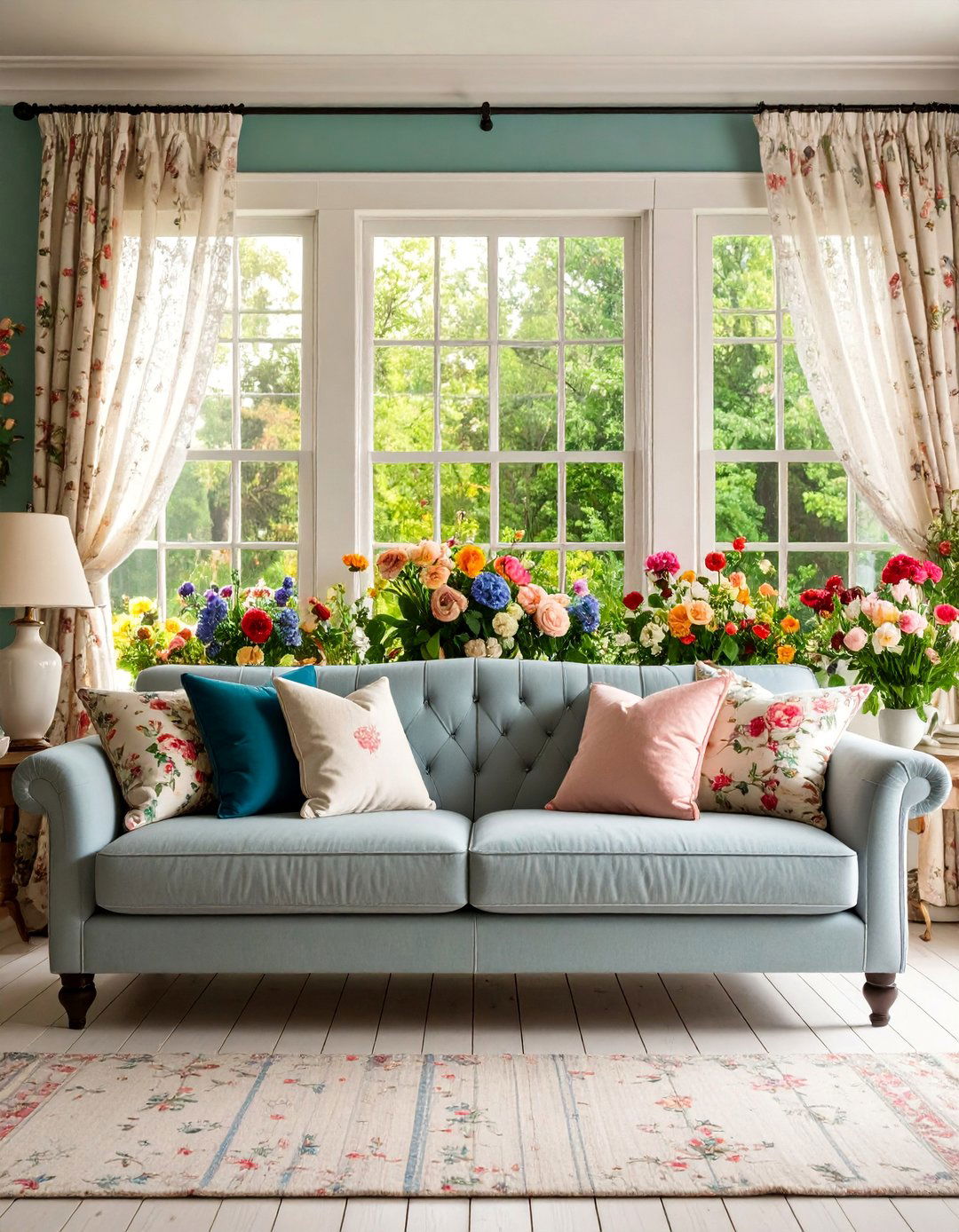 English Cottage Grey Sofa Living Room with Floral Patterns and Vintage Charm - 25 Grey Couch Living Room Ideas