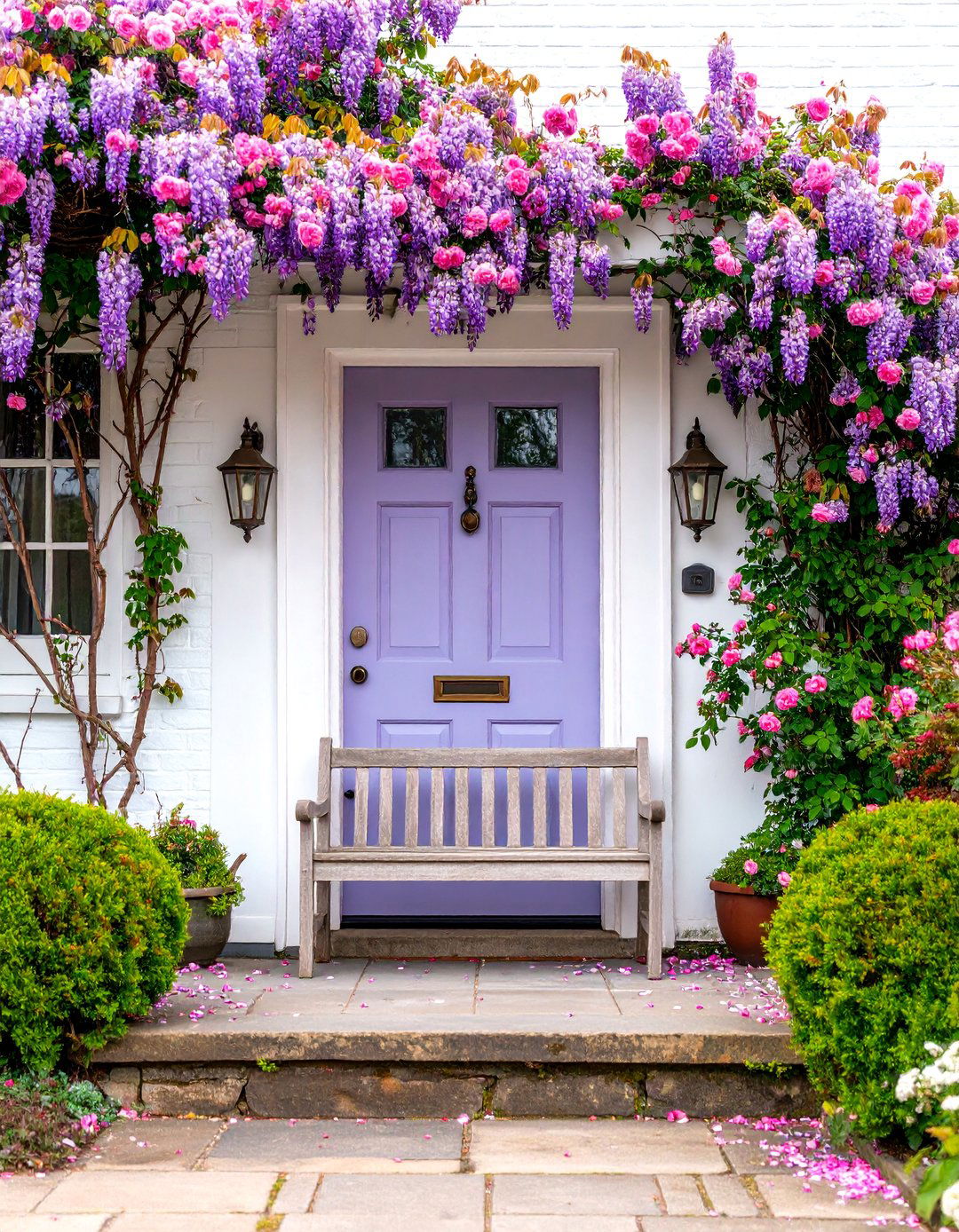 English Cottage Lavender Door with Climbing Roses - 25 Lavender Front Door Ideas