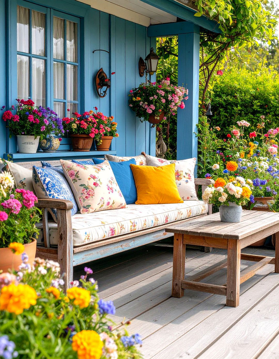 English Cottage Outdoor Living Room with Flowering Garden - 25 Outdoor Living Room Ideas