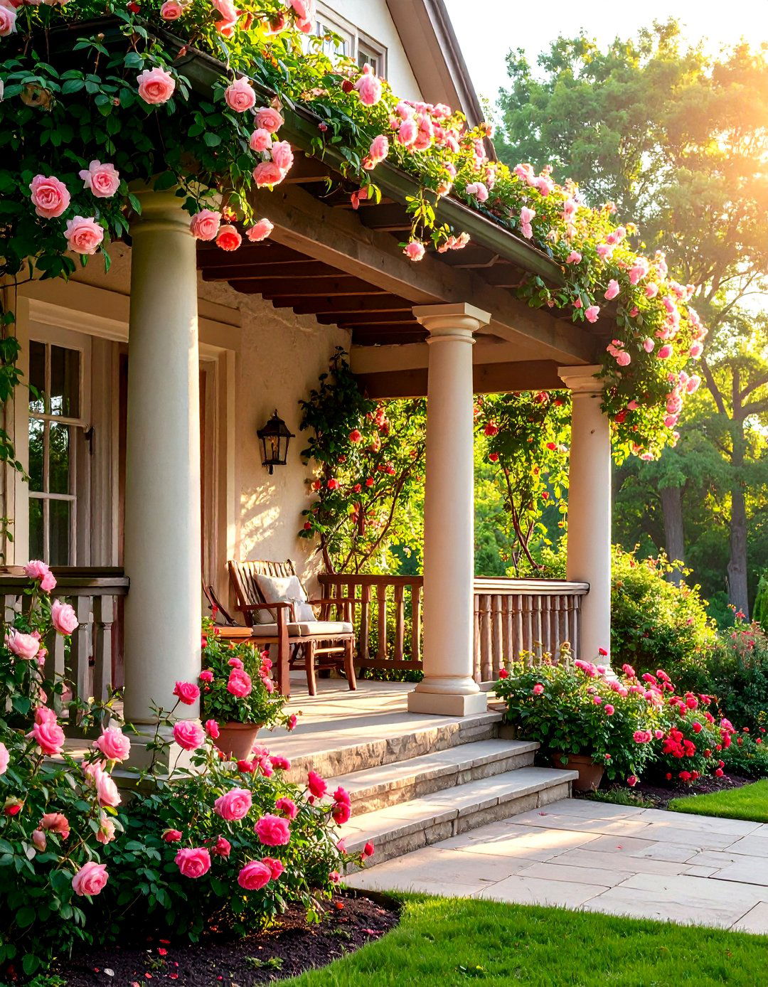 English Cottage Porch with Climbing Roses - 25 Raised Ranch Front Porch Ideas